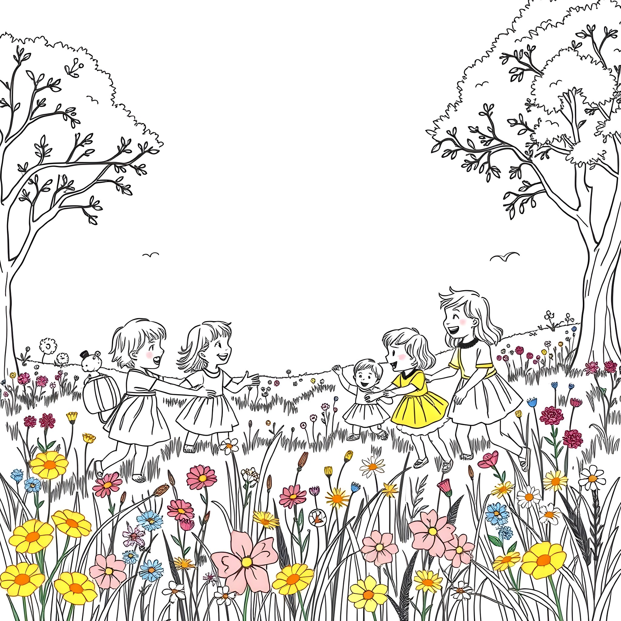 Children playing joyfully in a flower-filled meadow Coloring Page (free black-and-white line drawing printable PDF for all, from beginners to advanced learners, including children, teens, adults, and seniors)