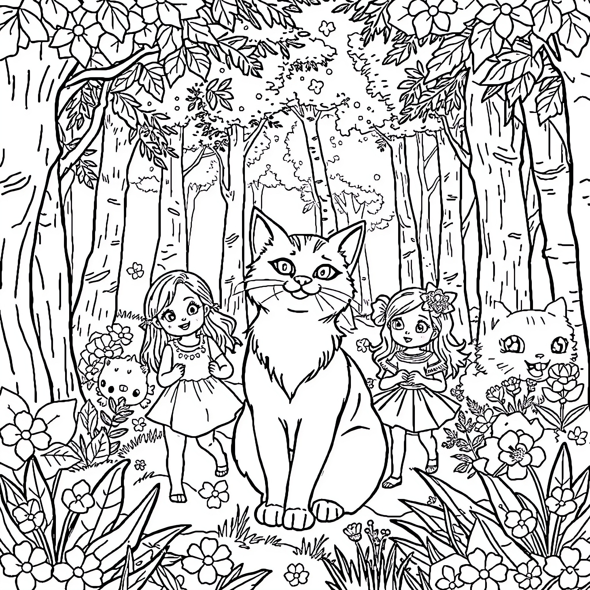 Chat with forest friends in magical wonderland Coloring Page (free black-and-white line drawing printable PDF for all, from beginners to advanced learners, including children, teens, adults, and seniors)