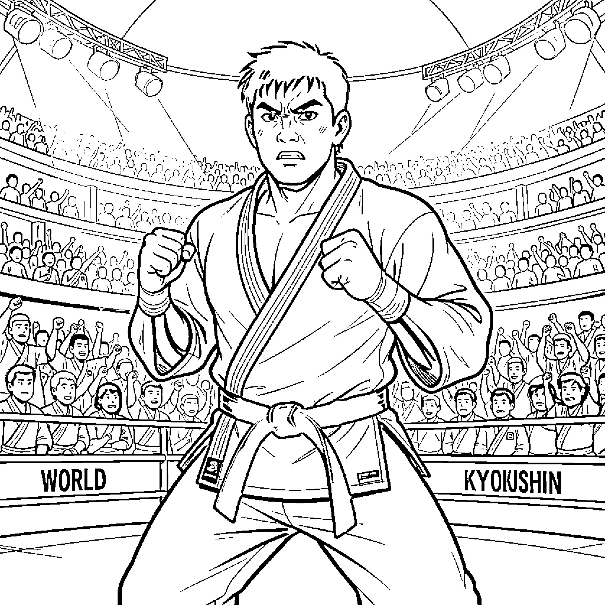 Kyokushin Fighter Facing Off in Martial Arts Competition Coloring Page (free black-and-white line drawing printable PDF for all, from beginners to advanced learners, including children, teens, adults, and seniors)
