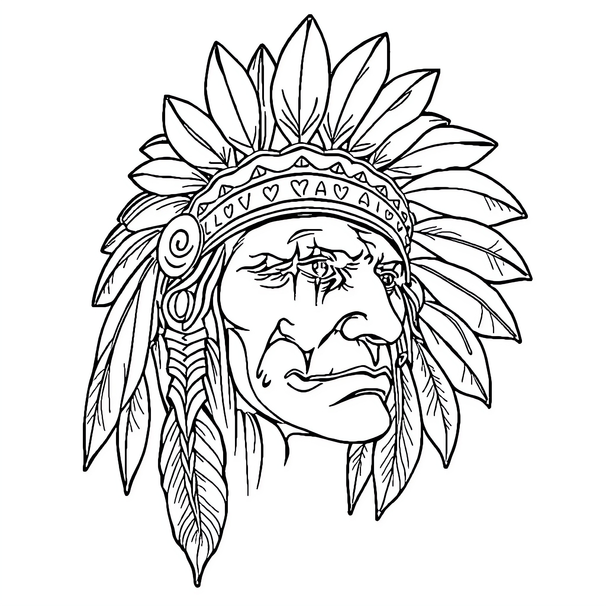 Indian Chief with Ornate Headdress and Serious Expression Coloring Page (free black-and-white line drawing printable PDF for all, from beginners to advanced learners, including children, teens, adults, and seniors)