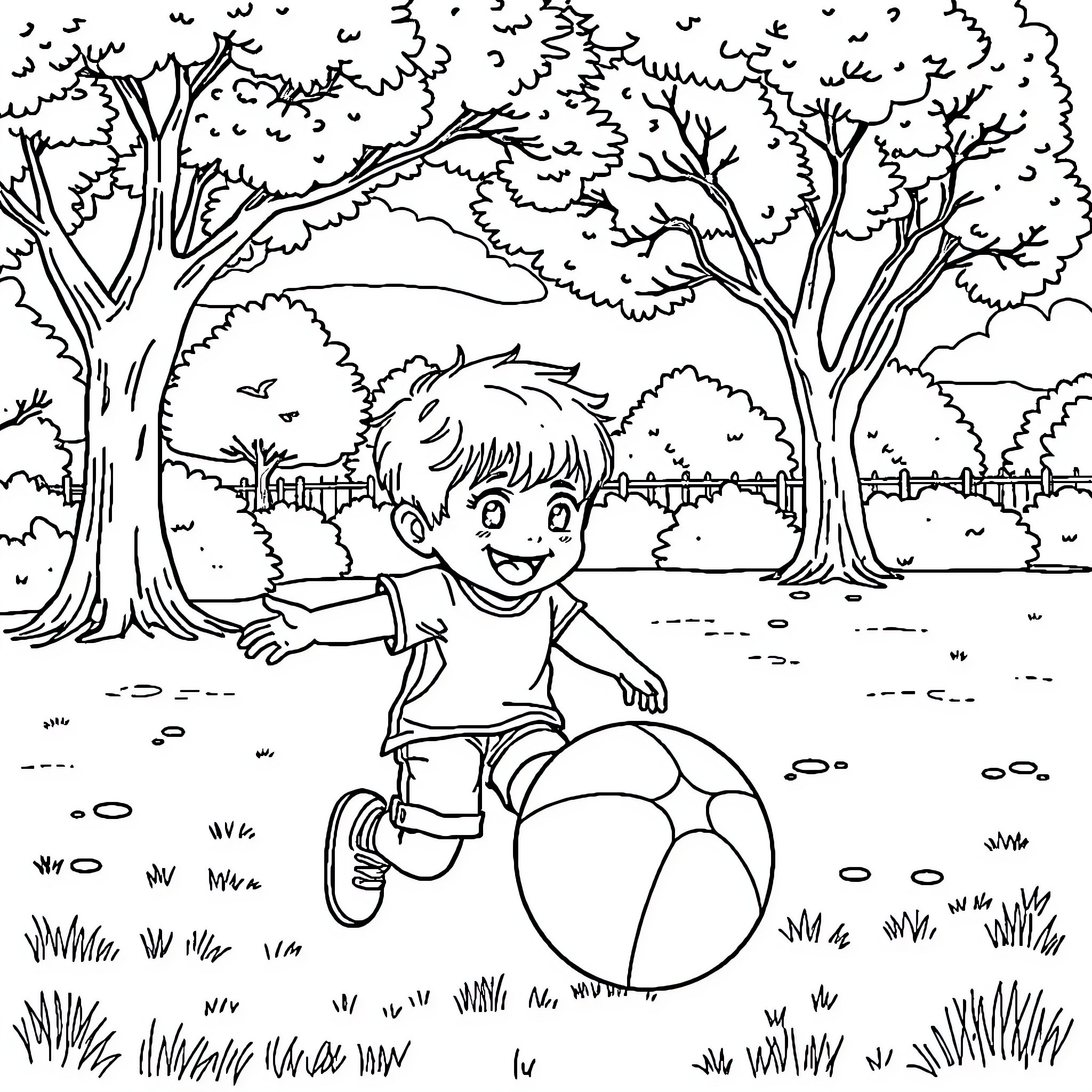 Kid playing with a ball in the park Coloring Page (free black-and-white line drawing printable PDF for all, from beginners to advanced learners, including children, teens, adults, and seniors)