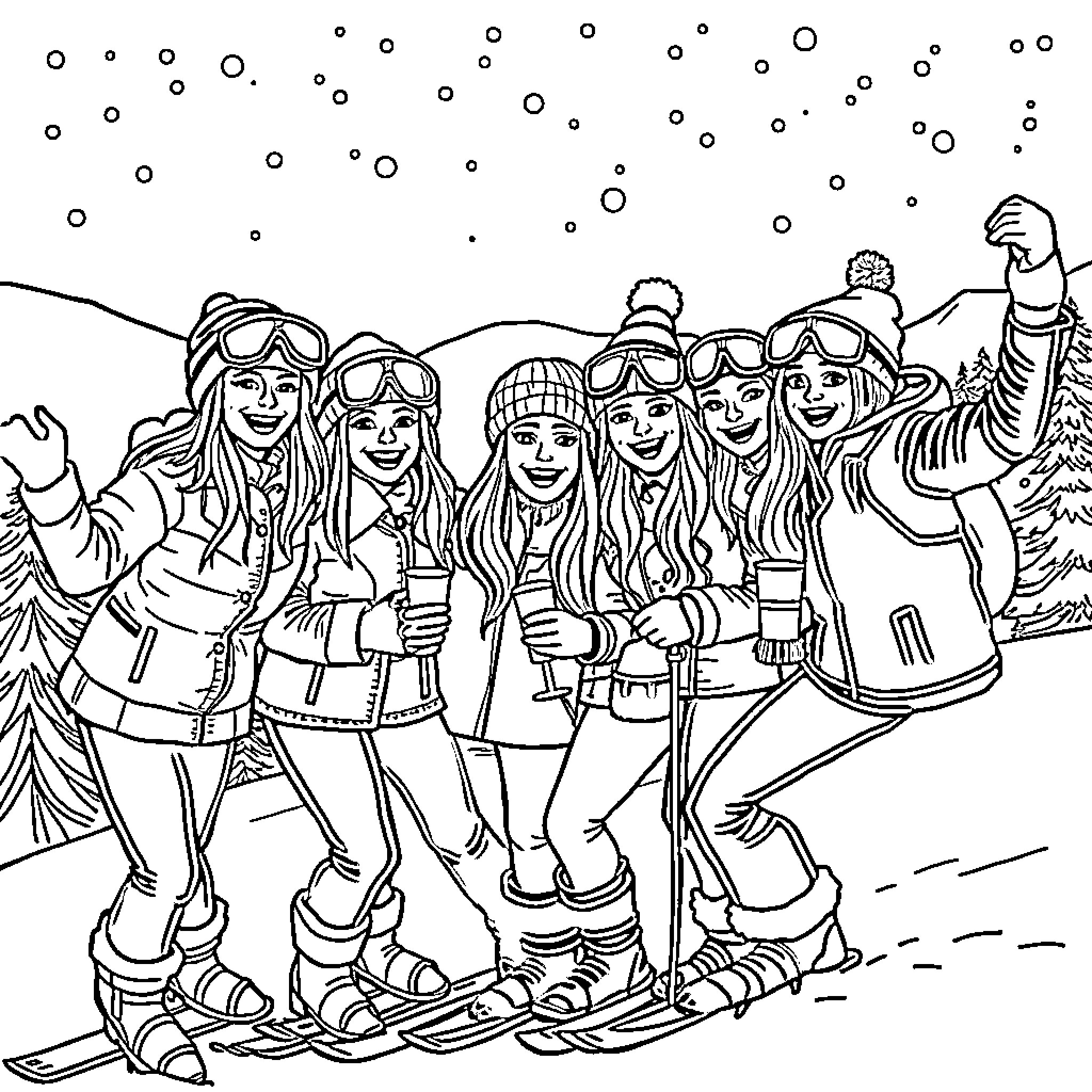 Bachelorette group skiing adventure in the snow Coloring Page (free black-and-white line drawing printable PDF for all, from beginners to advanced learners, including children, teens, adults, and seniors)