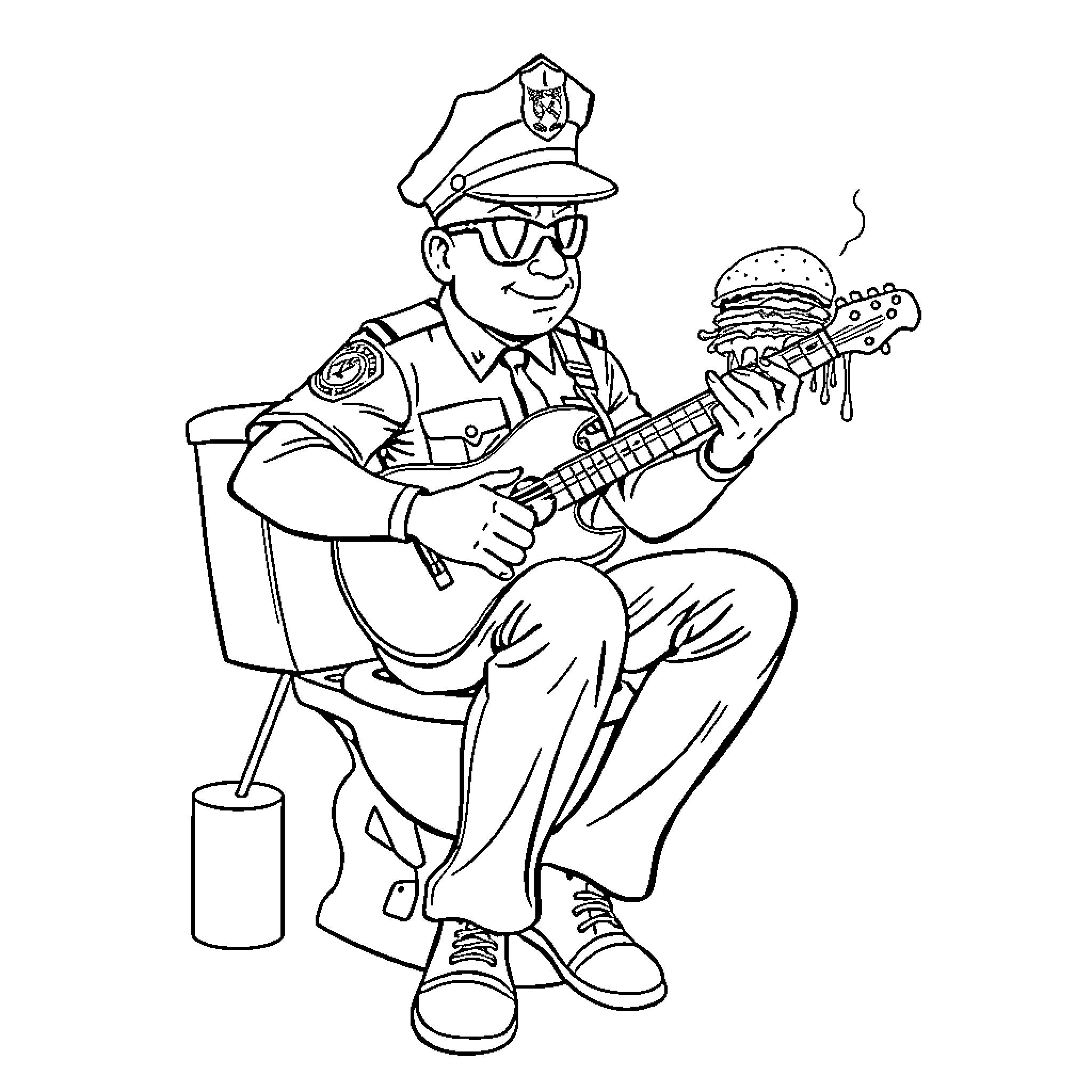 Police Officer Playing Guitar and Eating Burger Coloring Page (free black-and-white line drawing printable PDF for all, from beginners to advanced learners, including children, teens, adults, and seniors)