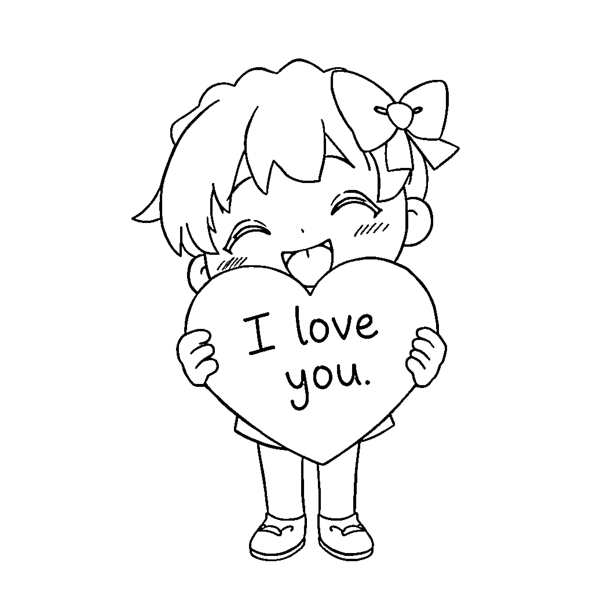 Chen holding a heart that says 'I love you' Coloring Page (free black-and-white line drawing printable PDF for all, from beginners to advanced learners, including children, teens, adults, and seniors)
