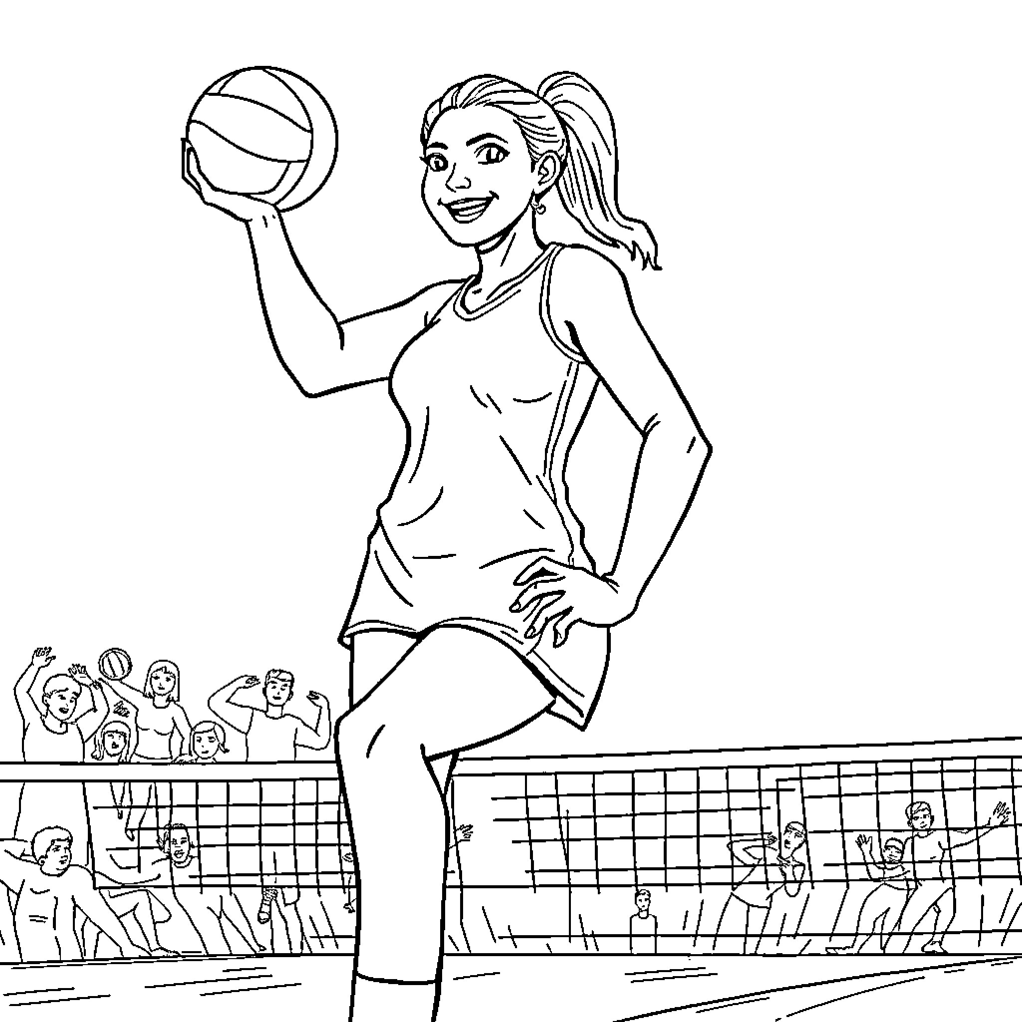 Volleyball player serving the ball with confidence Coloring Page (free black-and-white line drawing printable PDF for all, from beginners to advanced learners, including children, teens, adults, and seniors)
