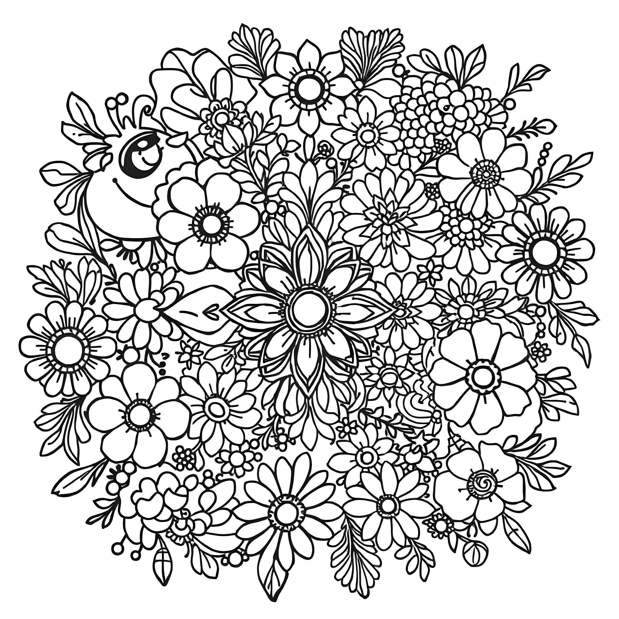 Patchwork of intricate floral patterns Coloring Page (free black-and-white line drawing printable PDF for all, from beginners to advanced learners, including children, teens, adults, and seniors)