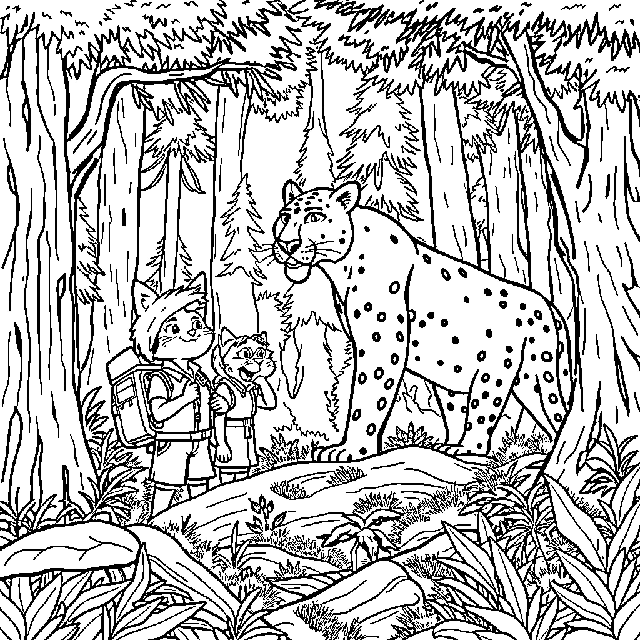 Cougar and friends explore the jungle Coloring Page (free black-and-white line drawing printable PDF for all, from beginners to advanced learners, including children, teens, adults, and seniors)