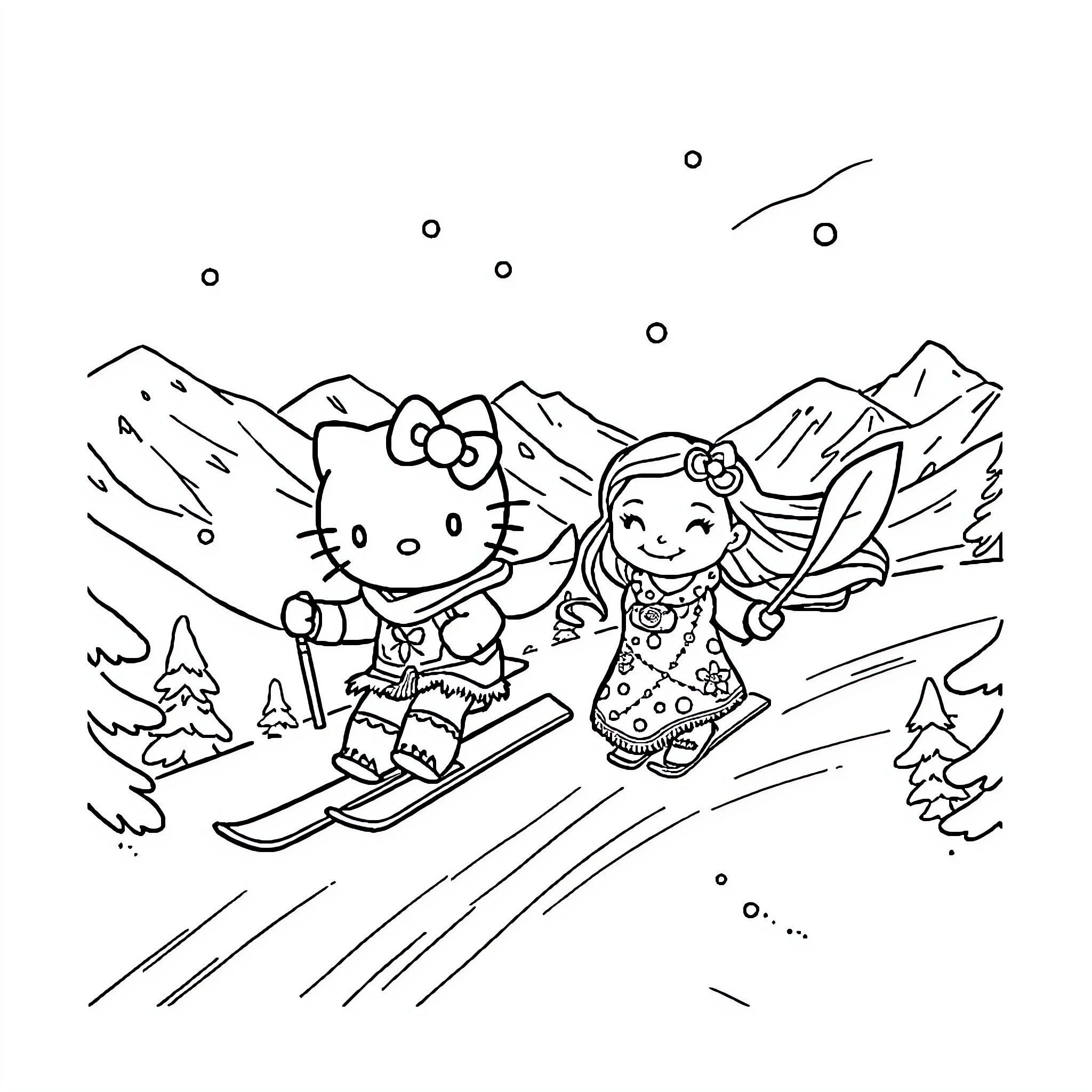 Hello Kitty skiing with a friend in the mountains Coloring Page (free black-and-white line drawing printable PDF for all, from beginners to advanced learners, including children, teens, adults, and seniors)