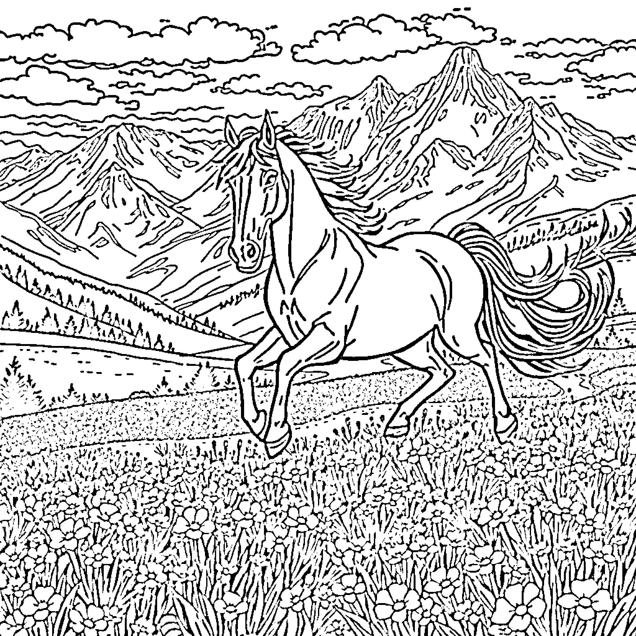 Horse Galloping Through Scenic Mountain Landscape Coloring Page (free black-and-white line drawing printable PDF for all, from beginners to advanced learners, including children, teens, adults, and seniors)
