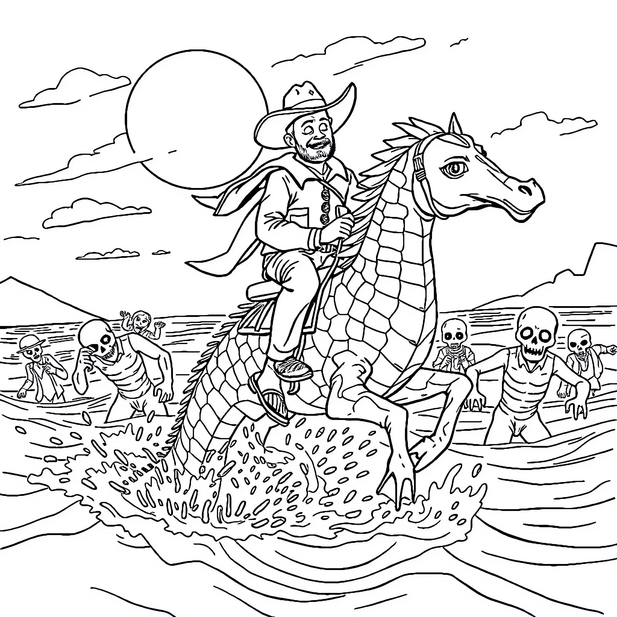 Cowboy riding a dragon through a desert landscape Coloring Page (free black-and-white line drawing printable PDF for all, from beginners to advanced learners, including children, teens, adults, and seniors)