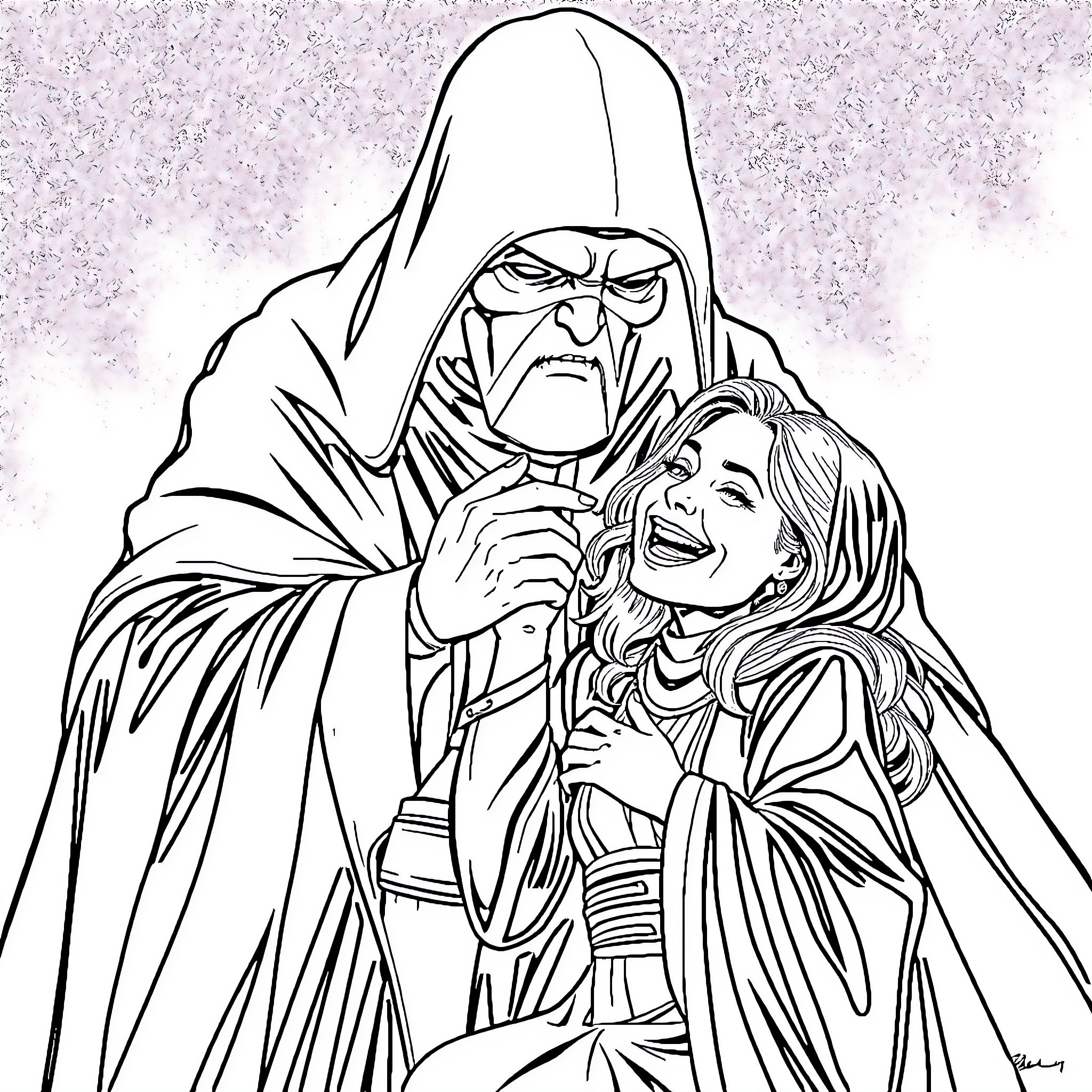 Emperor Palpatine intimidating a woman Coloring Page (free black-and-white line drawing printable PDF for all, from beginners to advanced learners, including children, teens, adults, and seniors)