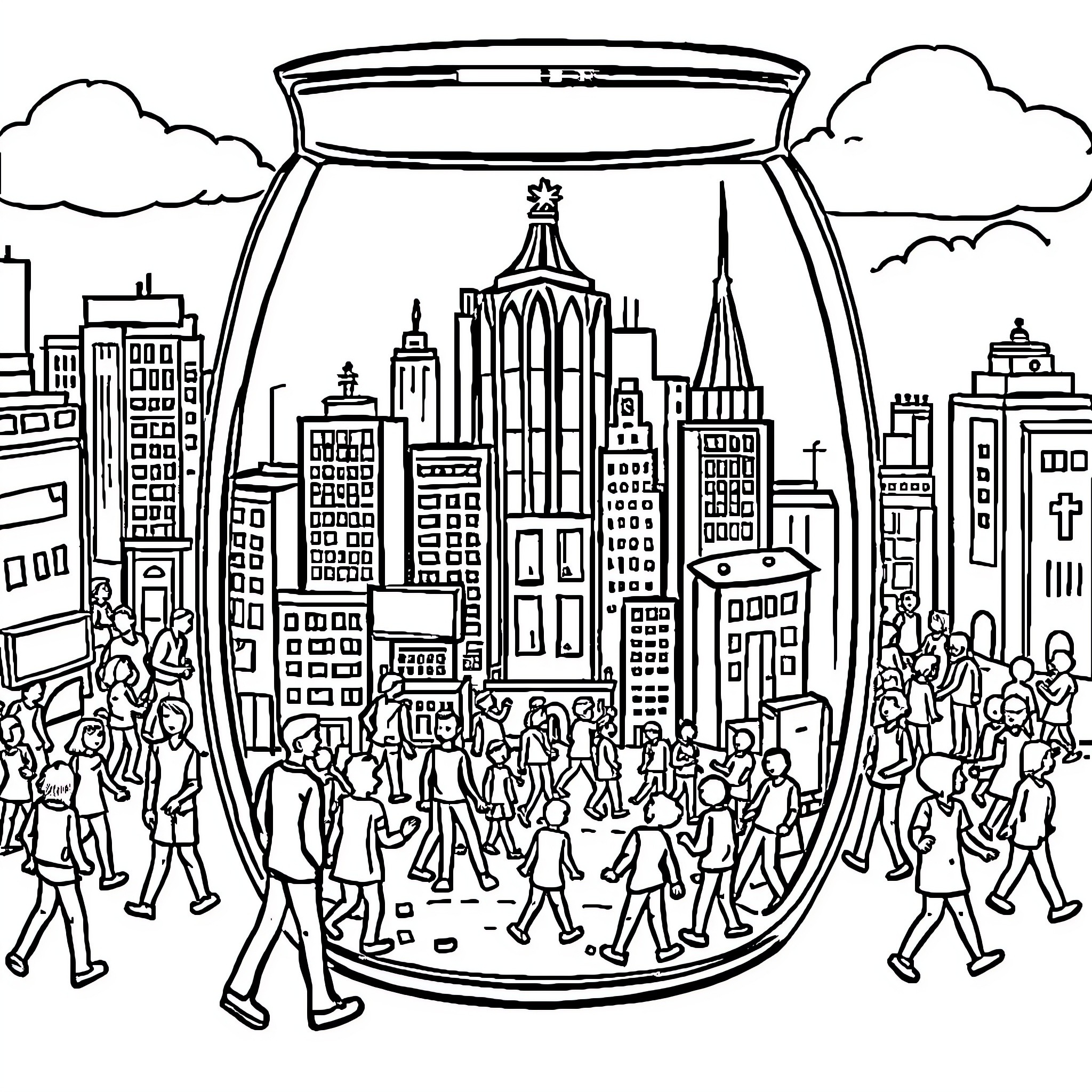 City of people navigating crowded urban landscape Coloring Page (free black-and-white line drawing printable PDF for all, from beginners to advanced learners, including children, teens, adults, and seniors)