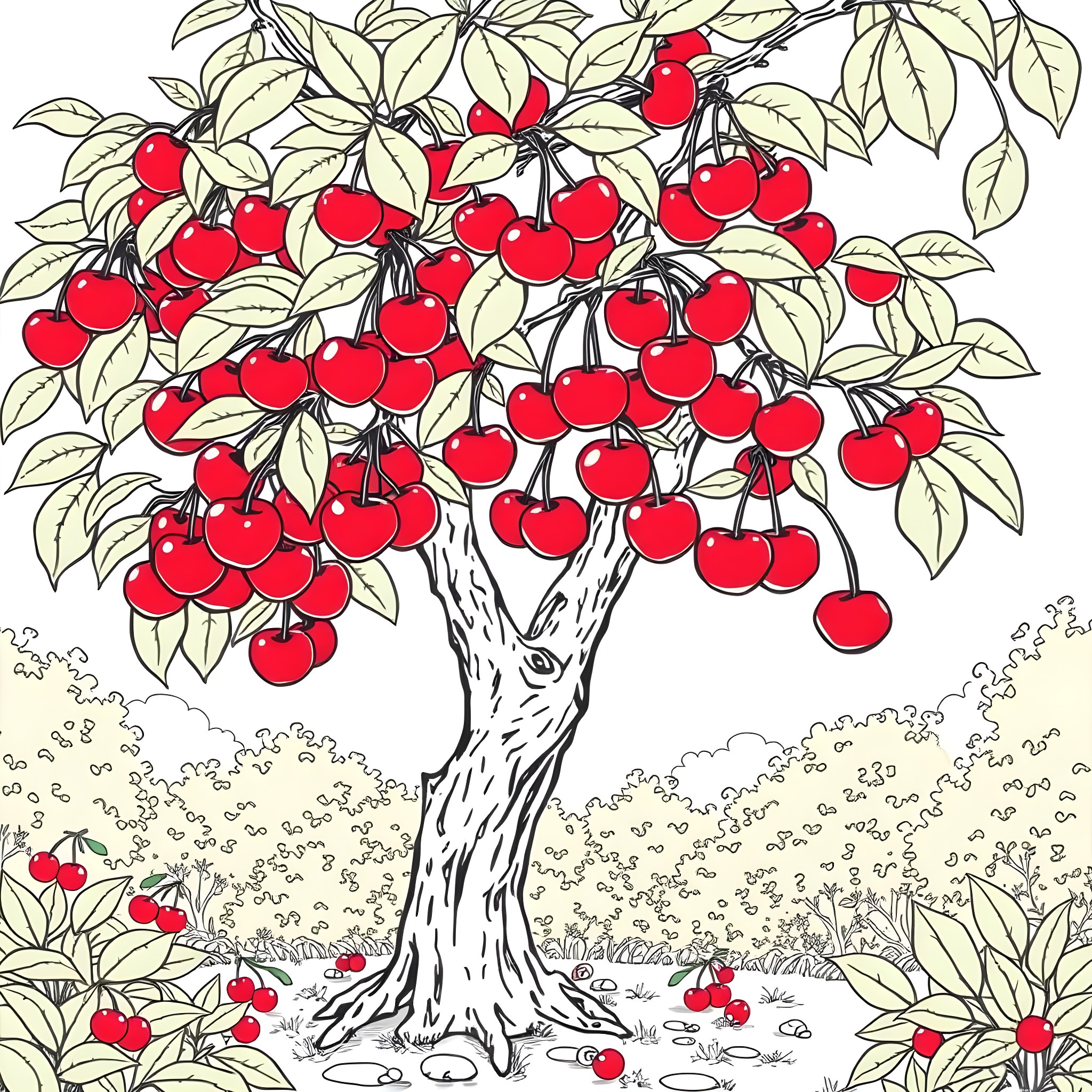 Cherry Tree Laden with Bright Red Fruit Coloring Page (free black-and-white line drawing printable PDF for all, from beginners to advanced learners, including children, teens, adults, and seniors)