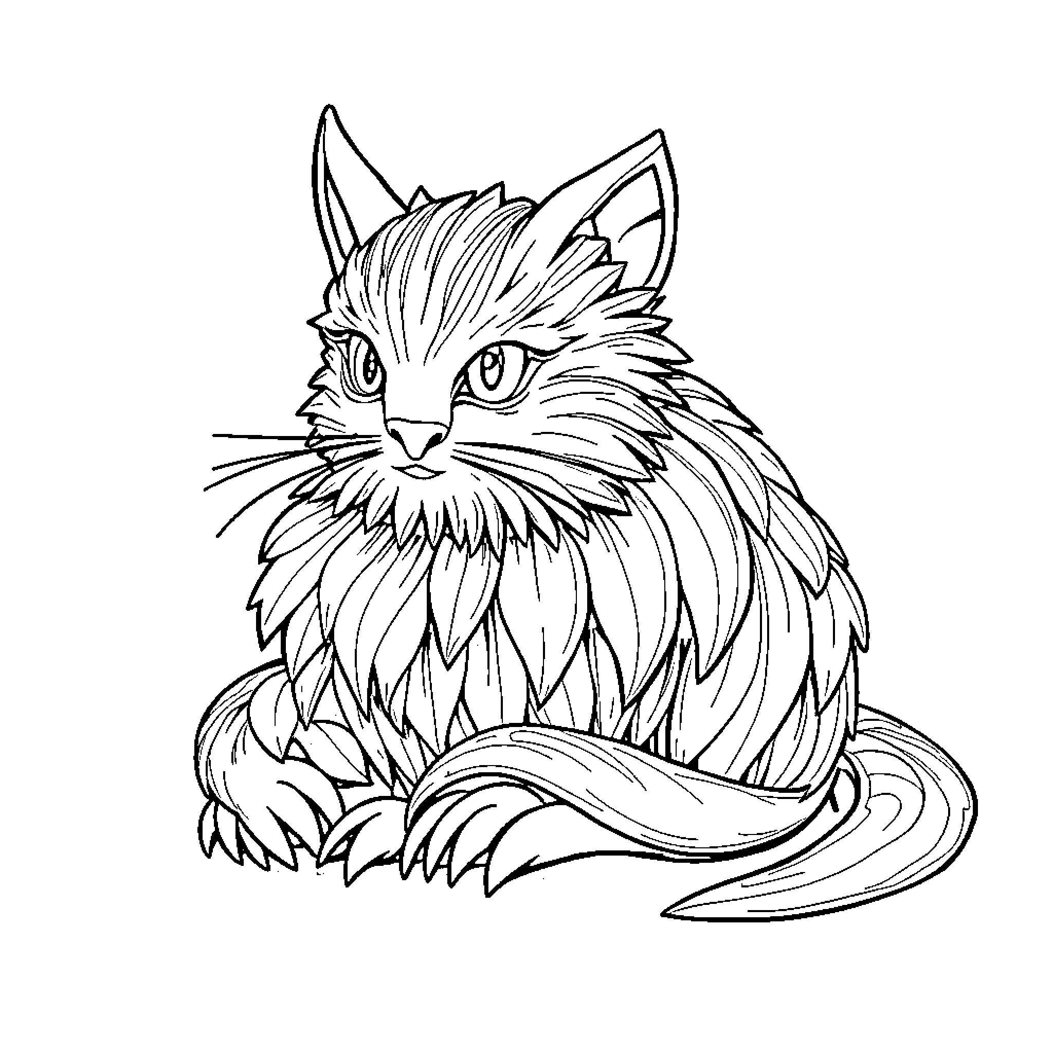 Panflute playing cat with detailed fur Coloring Page (free black-and-white line drawing printable PDF for all, from beginners to advanced learners, including children, teens, adults, and seniors)