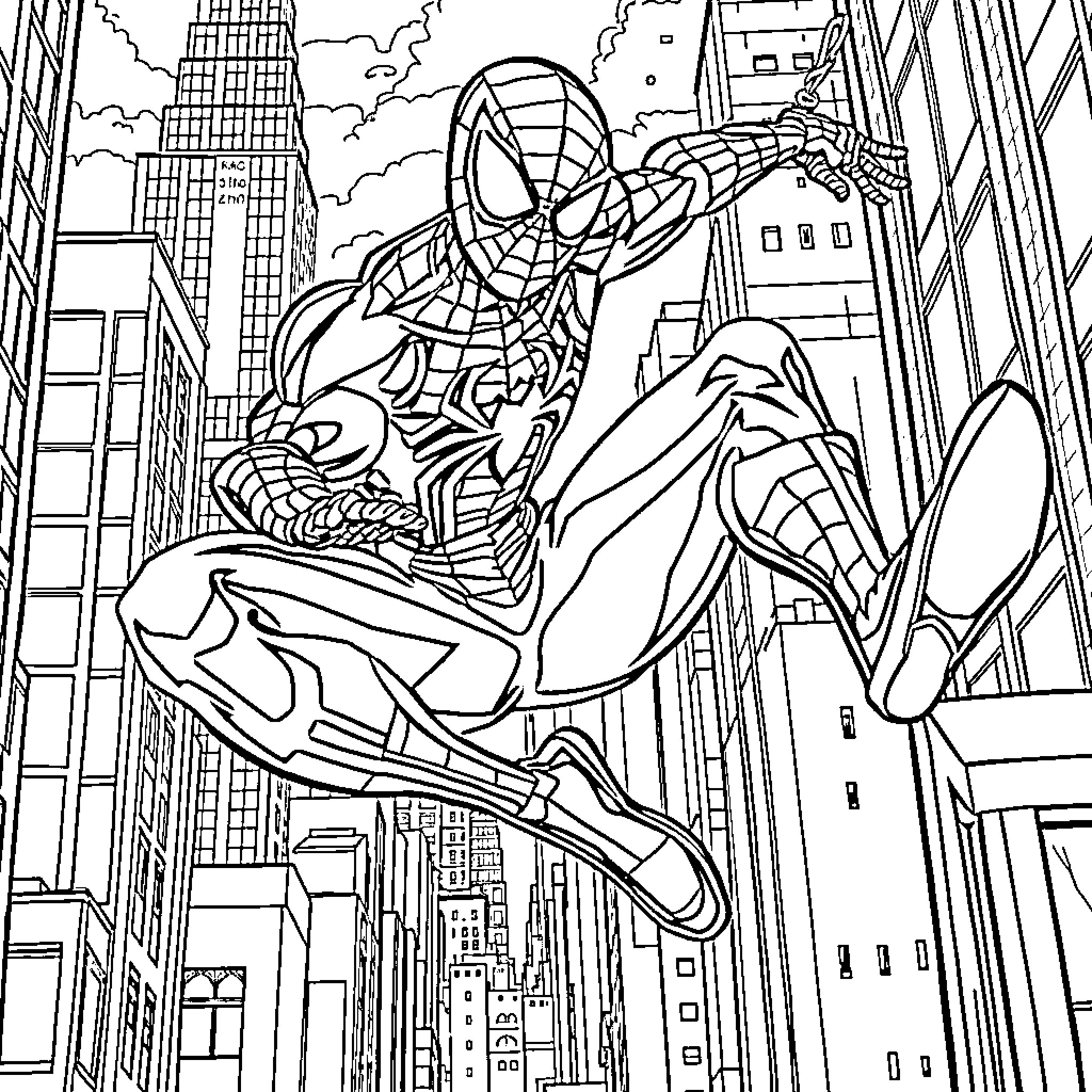 Spiderman swinging through the city skyline Coloring Page (free black-and-white line drawing printable PDF for all, from beginners to advanced learners, including children, teens, adults, and seniors)