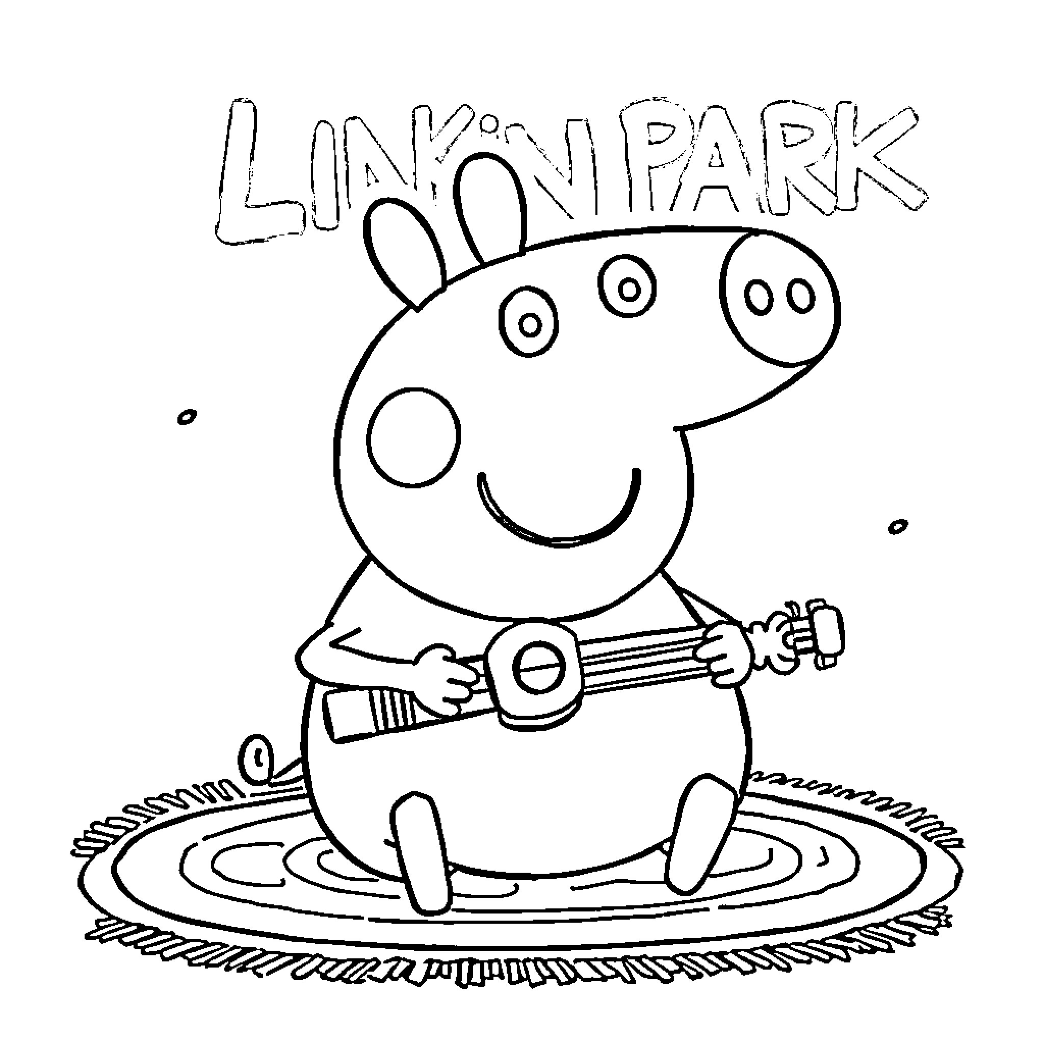 Peppa Pig playing guitar in the park Coloring Page (free black-and-white line drawing printable PDF for all, from beginners to advanced learners, including children, teens, adults, and seniors)