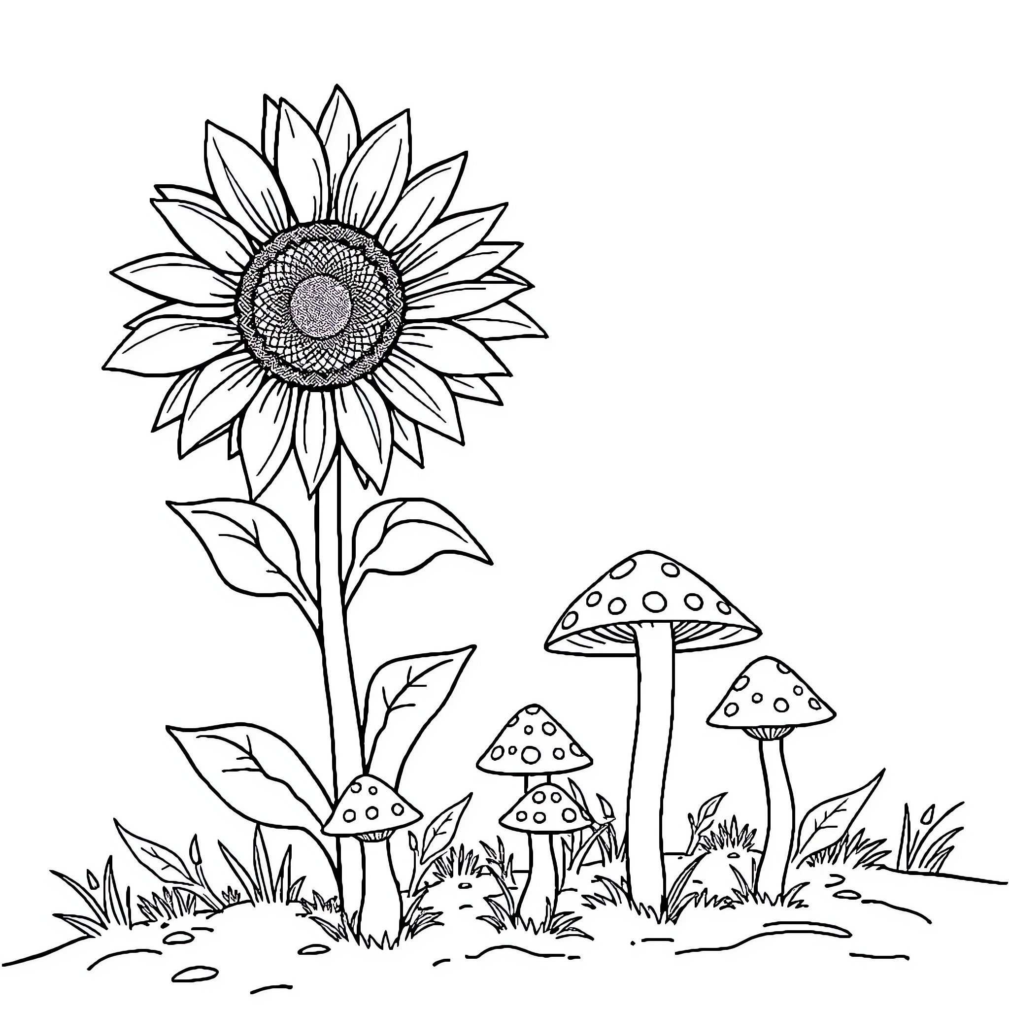 Sunflower and mushrooms in a natural setting Coloring Page (free black-and-white line drawing printable PDF for all, from beginners to advanced learners, including children, teens, adults, and seniors)