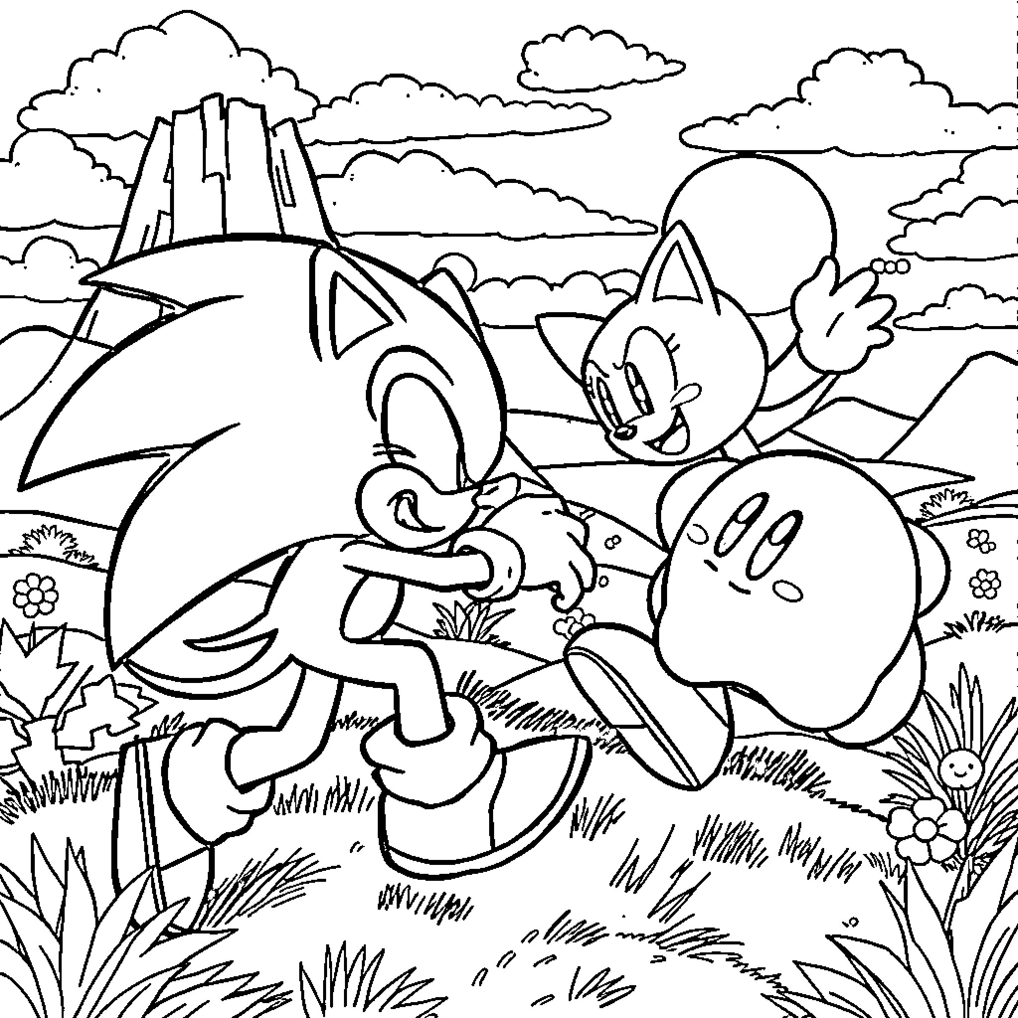 Sonic characters playing in the countryside Coloring Page (free black-and-white line drawing printable PDF for all, from beginners to advanced learners, including children, teens, adults, and seniors)