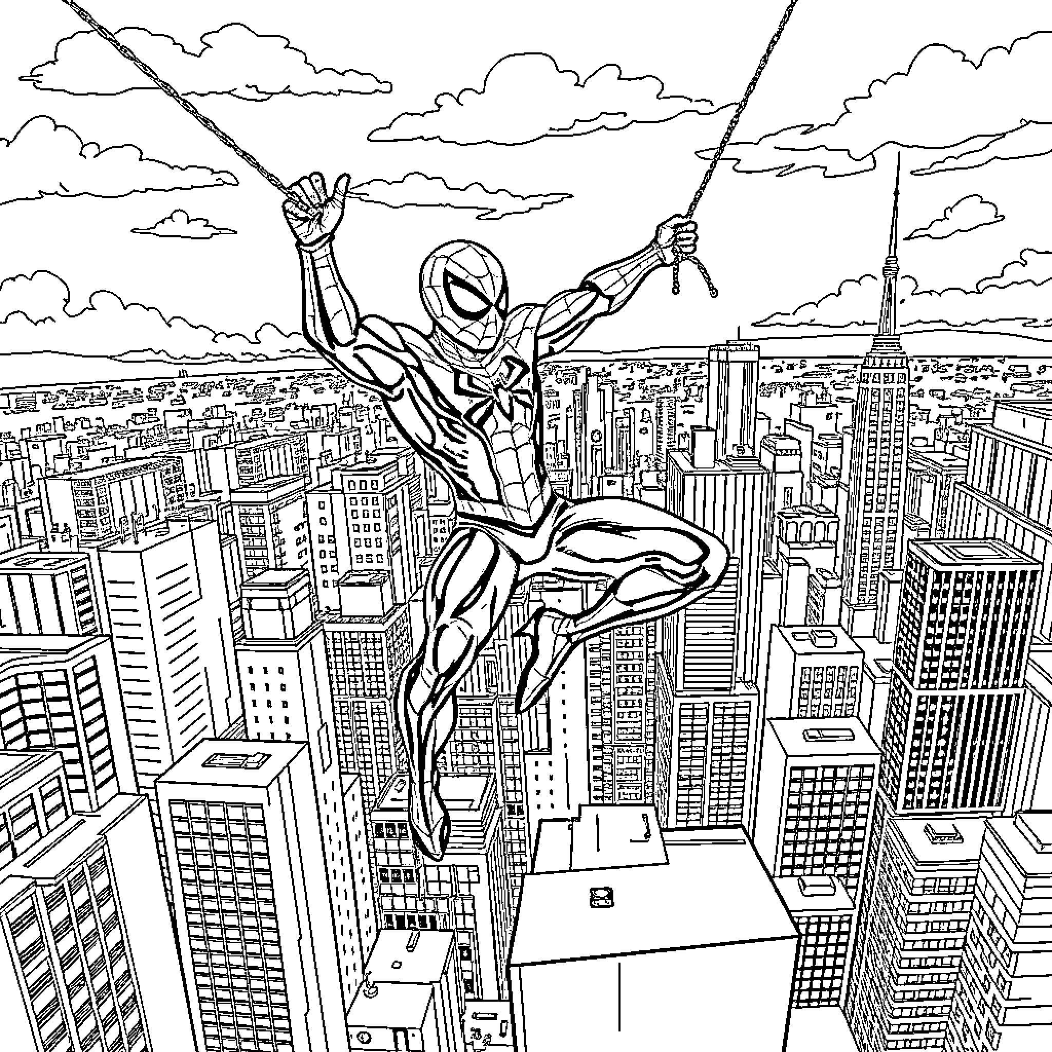 Spider-Man swinging through the city skyline Coloring Page (free black-and-white line drawing printable PDF for all, from beginners to advanced learners, including children, teens, adults, and seniors)