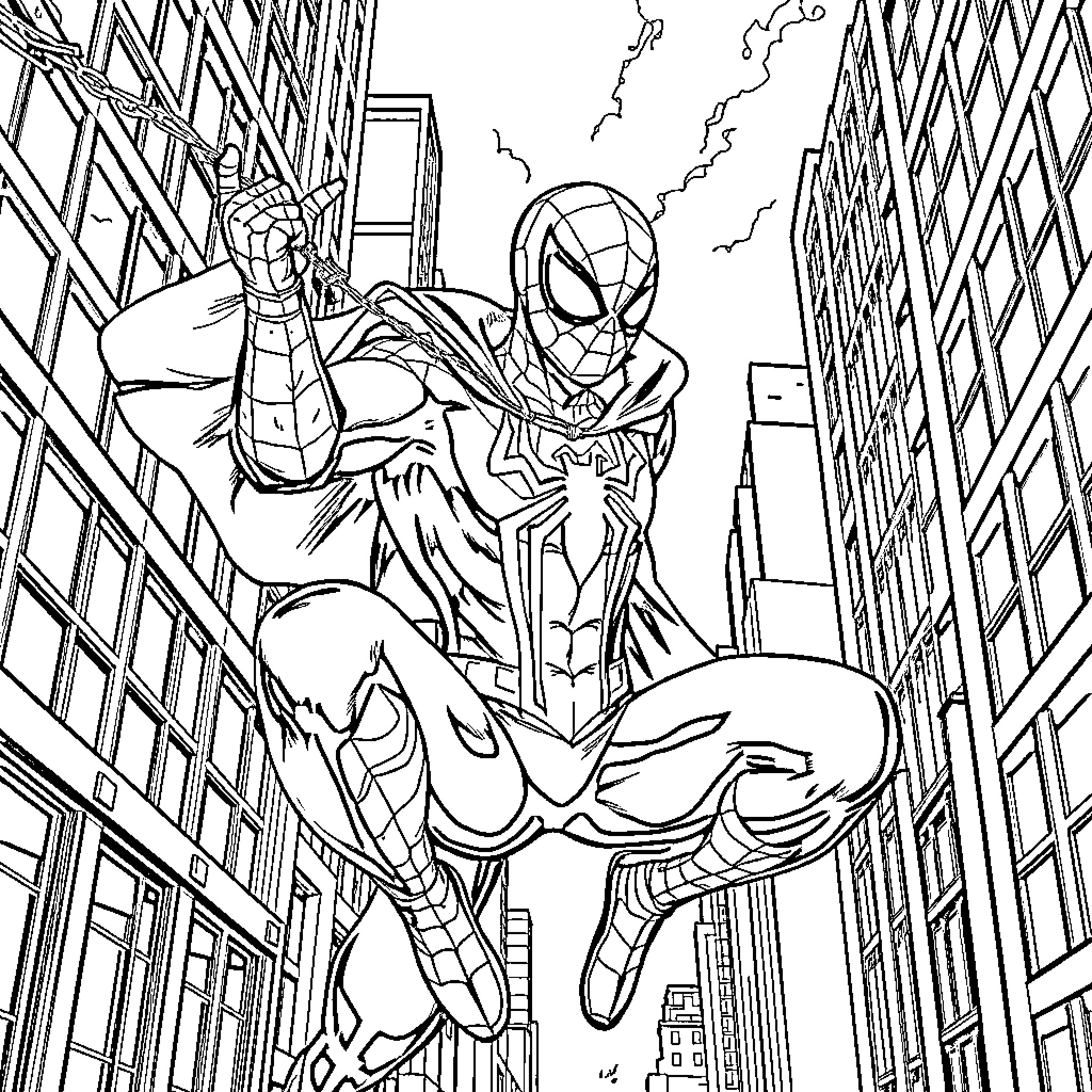 Spider-Man swinging through the city in action Coloring Page (free black-and-white line drawing printable PDF for all, from beginners to advanced learners, including children, teens, adults, and seniors)