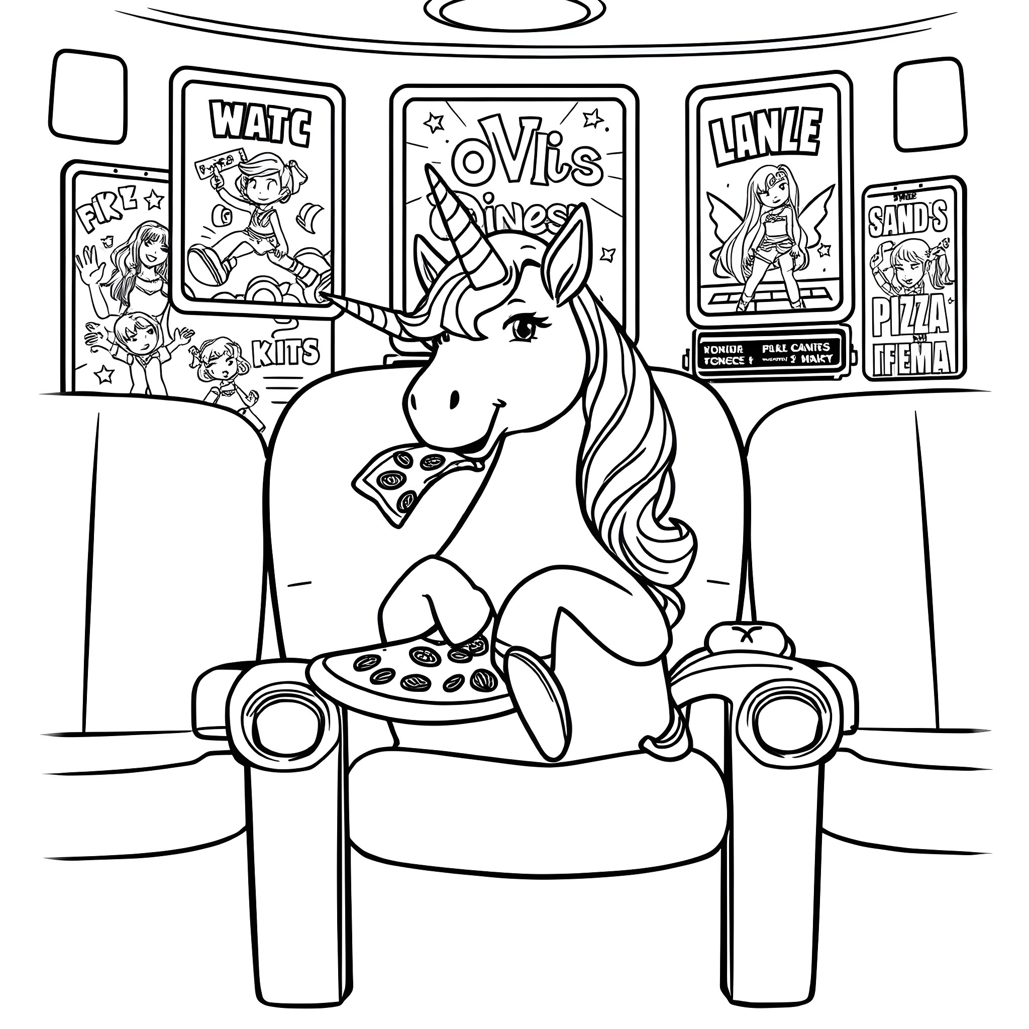 Unicorn relaxing and watching movies Coloring Page (free black-and-white line drawing printable PDF for all, from beginners to advanced learners, including children, teens, adults, and seniors)