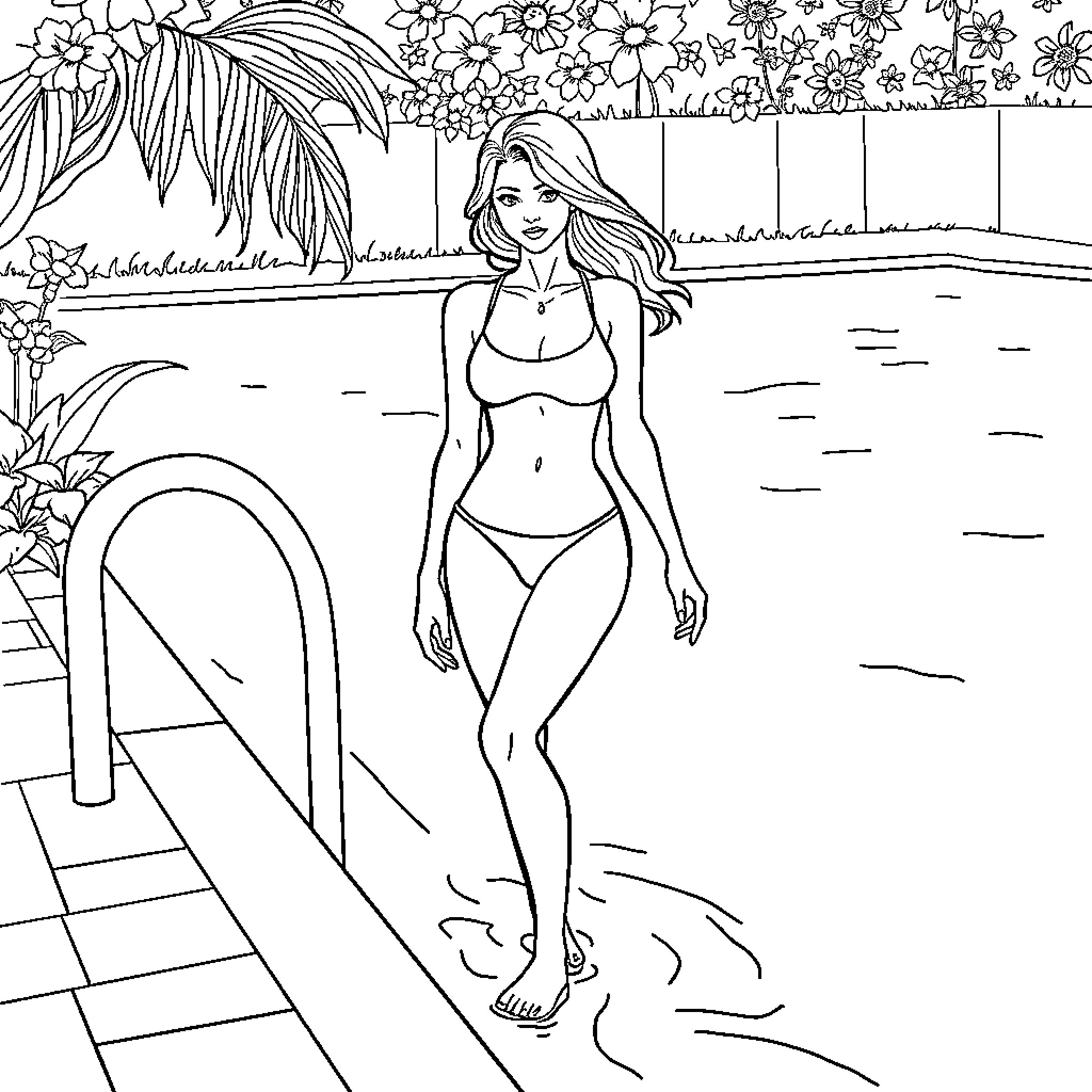 Woman in swimsuit by the pool Coloring Page (free black-and-white line drawing printable PDF for all, from beginners to advanced learners, including children, teens, adults, and seniors)