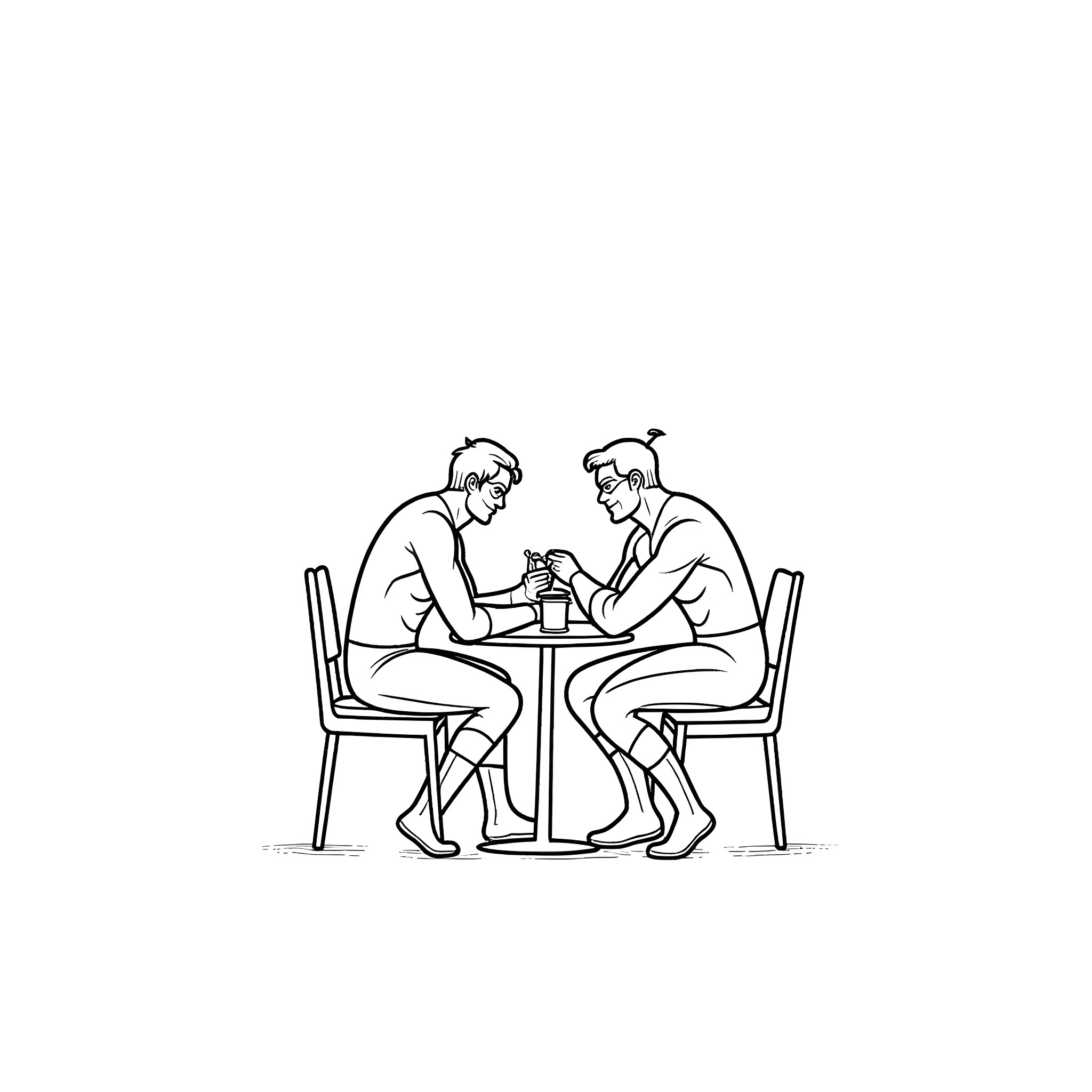 Green Lantern Superheroes Sharing a Meal Coloring Page (free black-and-white line drawing printable PDF for all, from beginners to advanced learners, including children, teens, adults, and seniors)