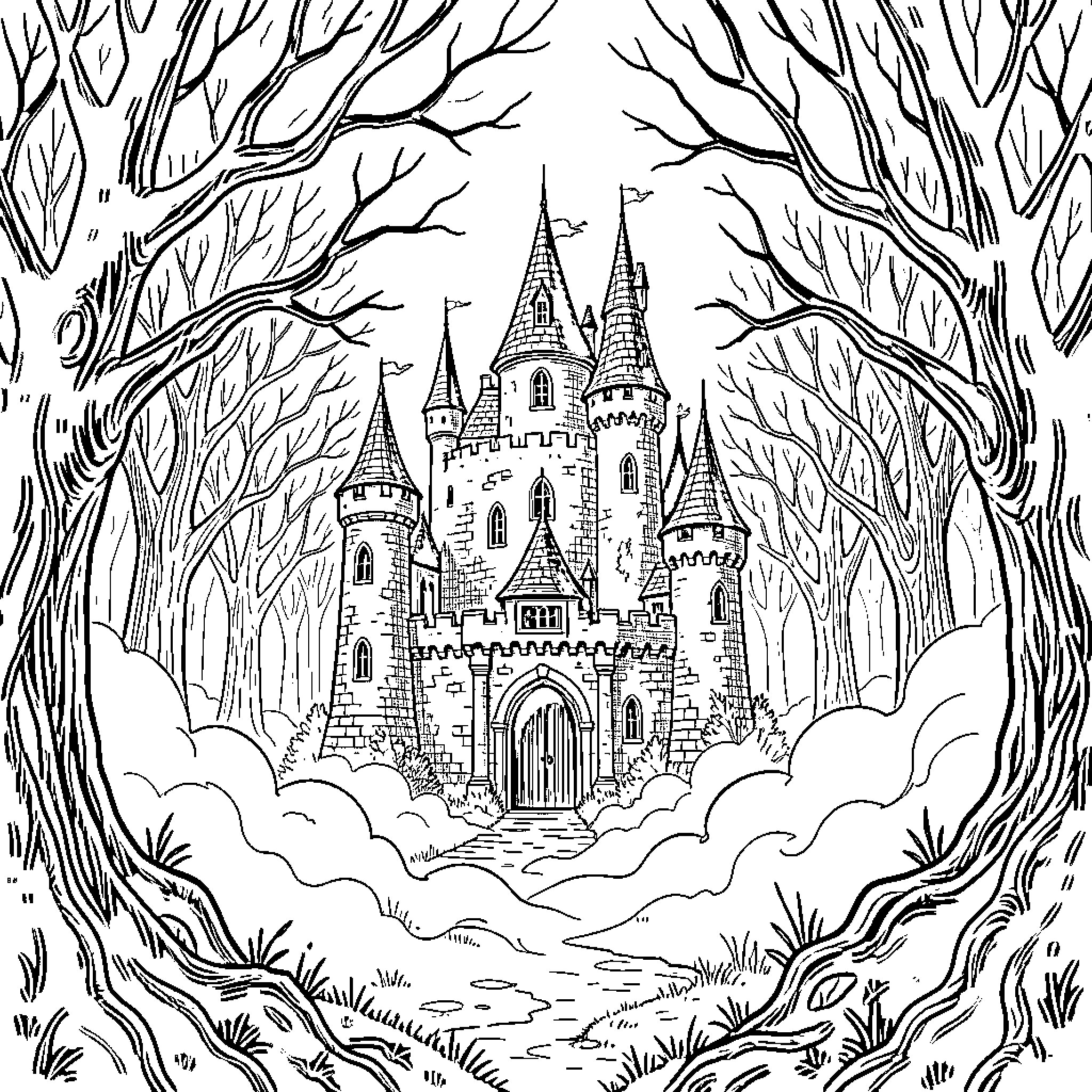 Haunted Castle Surrounded by Ominous Forest Coloring Page (free black-and-white line drawing printable PDF for all, from beginners to advanced learners, including children, teens, adults, and seniors)