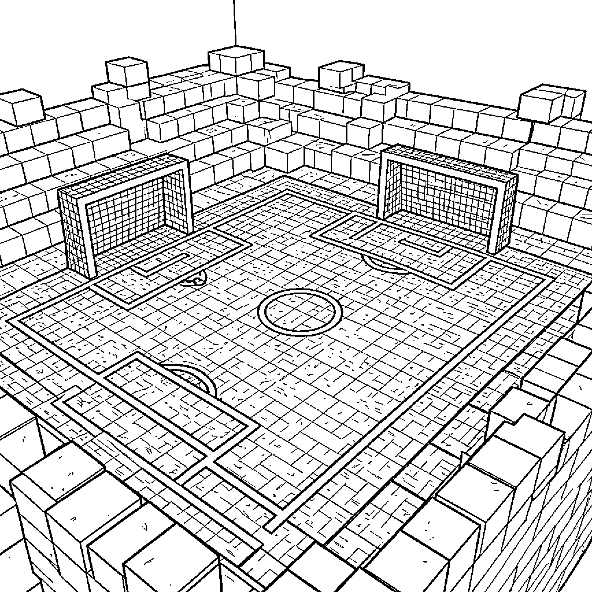 Minecraft Soccer Field with goals and court markings Coloring Page (free black-and-white line drawing printable PDF for all, from beginners to advanced learners, including children, teens, adults, and seniors)