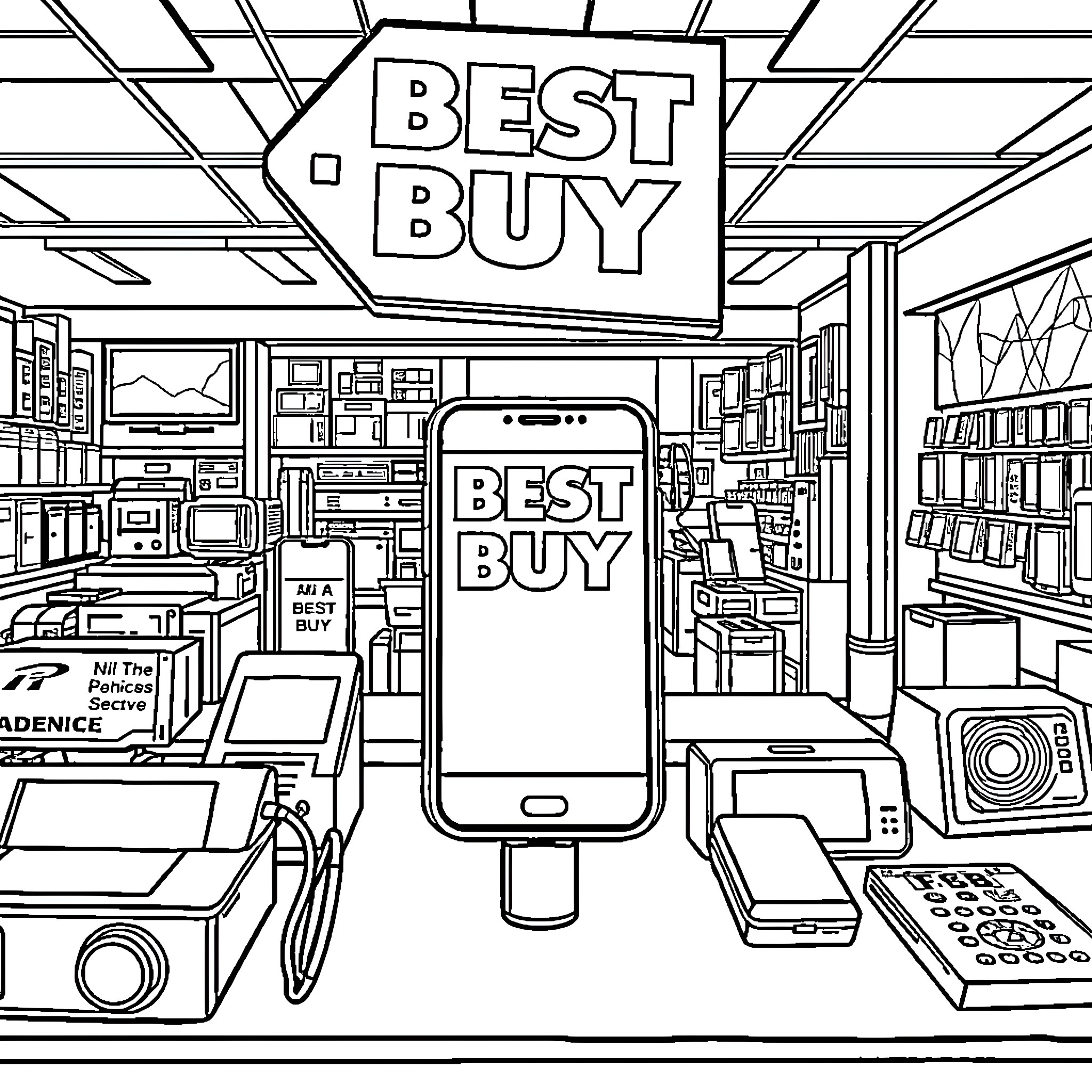 Mobile Phone in the Best Buy electronics store Coloring Page (free black-and-white line drawing printable PDF for all, from beginners to advanced learners, including children, teens, adults, and seniors)