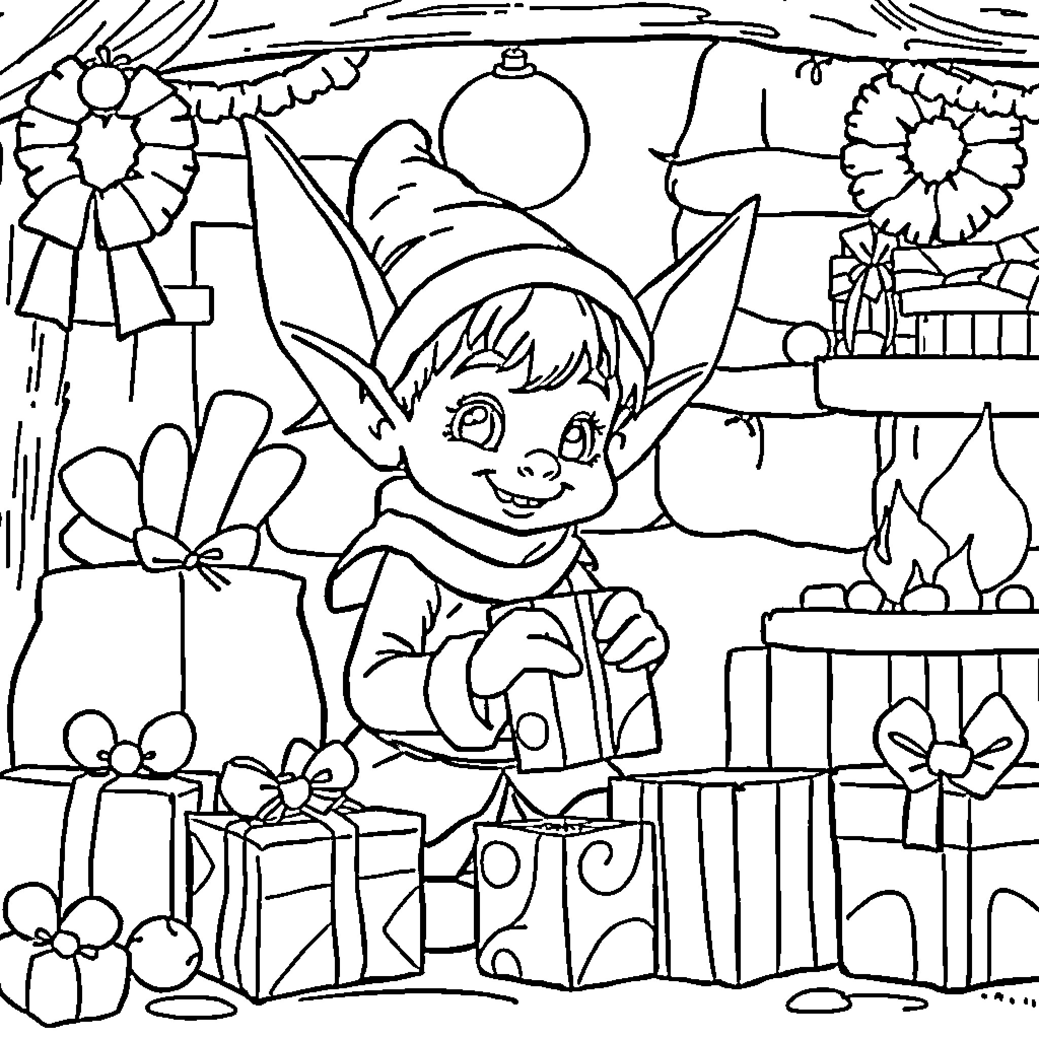 Elf playing among gifts and flowers Coloring Page (free black-and-white line drawing printable PDF for all, from beginners to advanced learners, including children, teens, adults, and seniors)