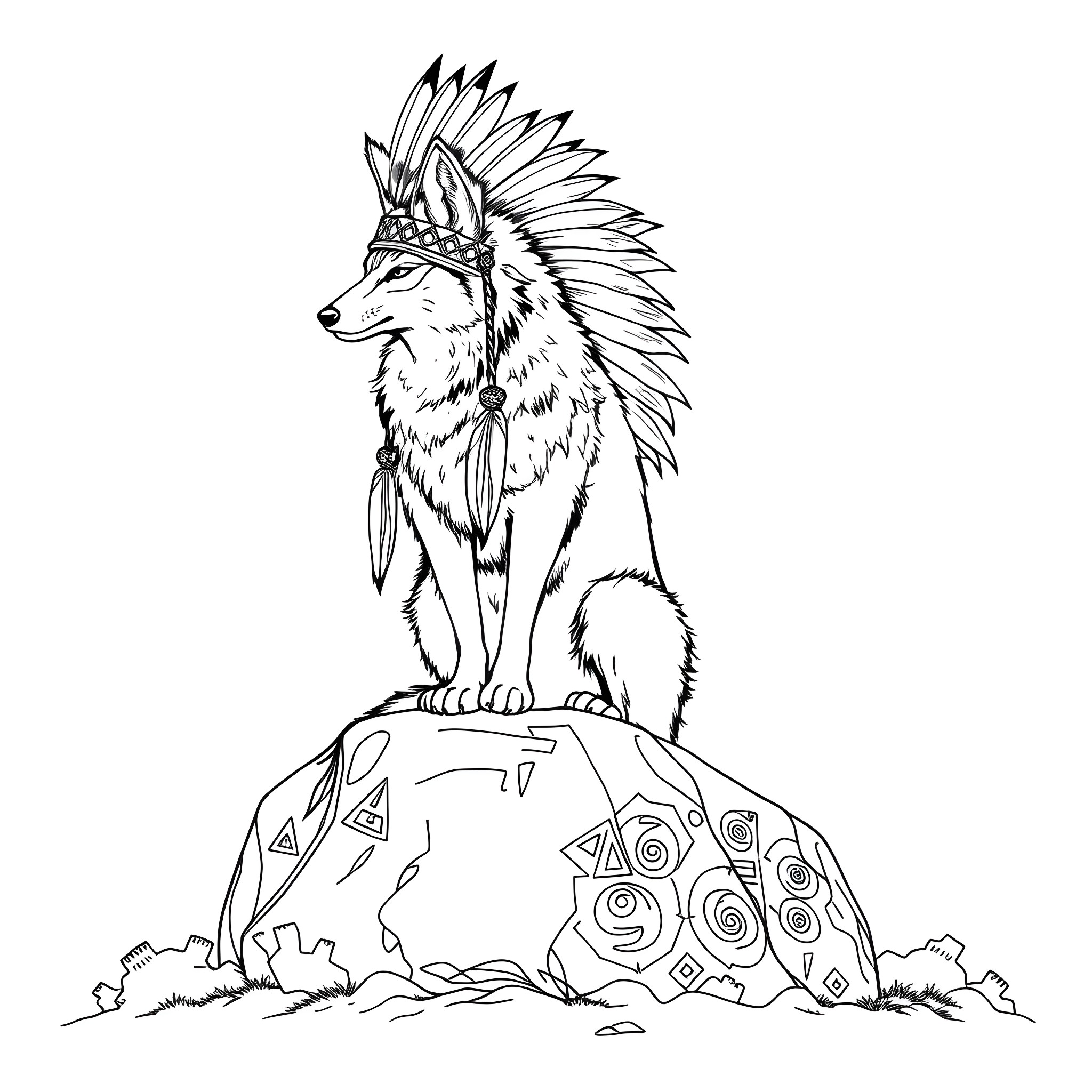 Coyote standing tall on a decorated rock Coloring Page (free black-and-white line drawing printable PDF for all, from beginners to advanced learners, including children, teens, adults, and seniors)