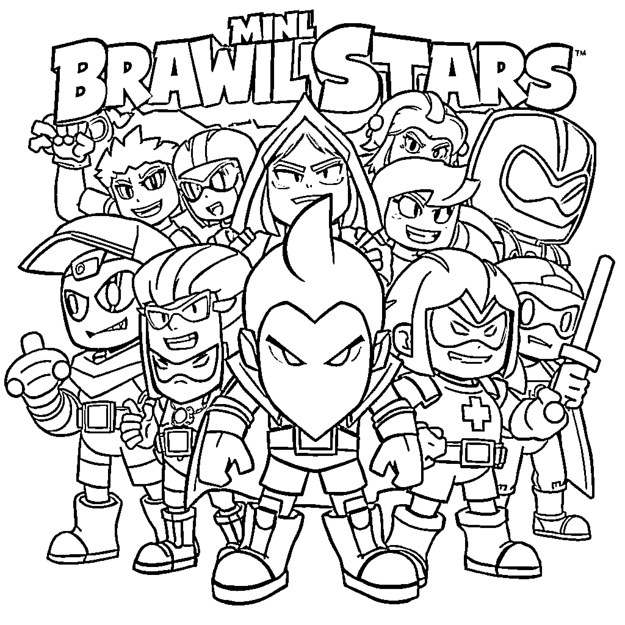 Brawl Stars Characters in Action Coloring Page (free black-and-white line drawing printable PDF for all, from beginners to advanced learners, including children, teens, adults, and seniors)