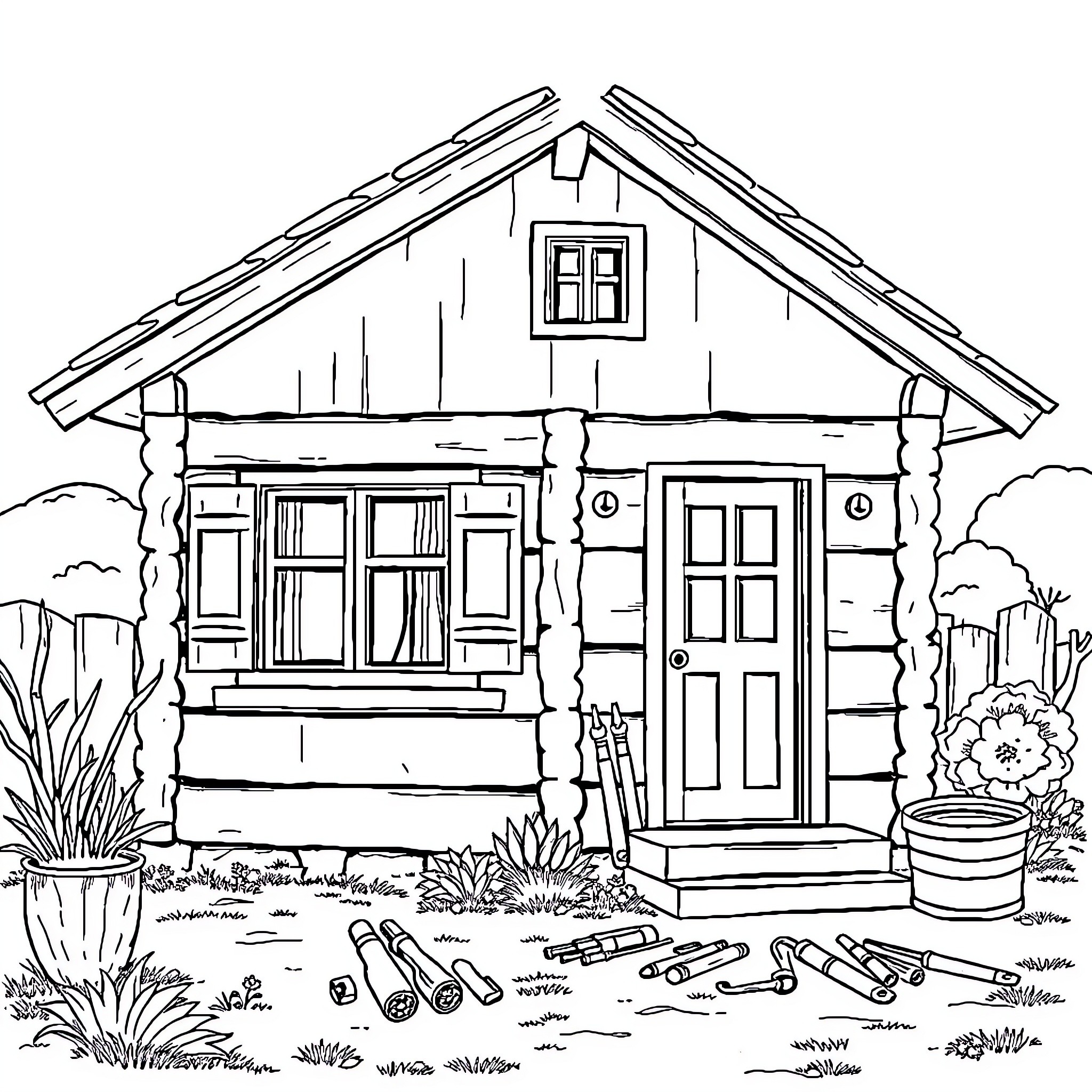 House with a rustic exterior and outdoor tools Coloring Page (free black-and-white line drawing printable PDF for all, from beginners to advanced learners, including children, teens, adults, and seniors)