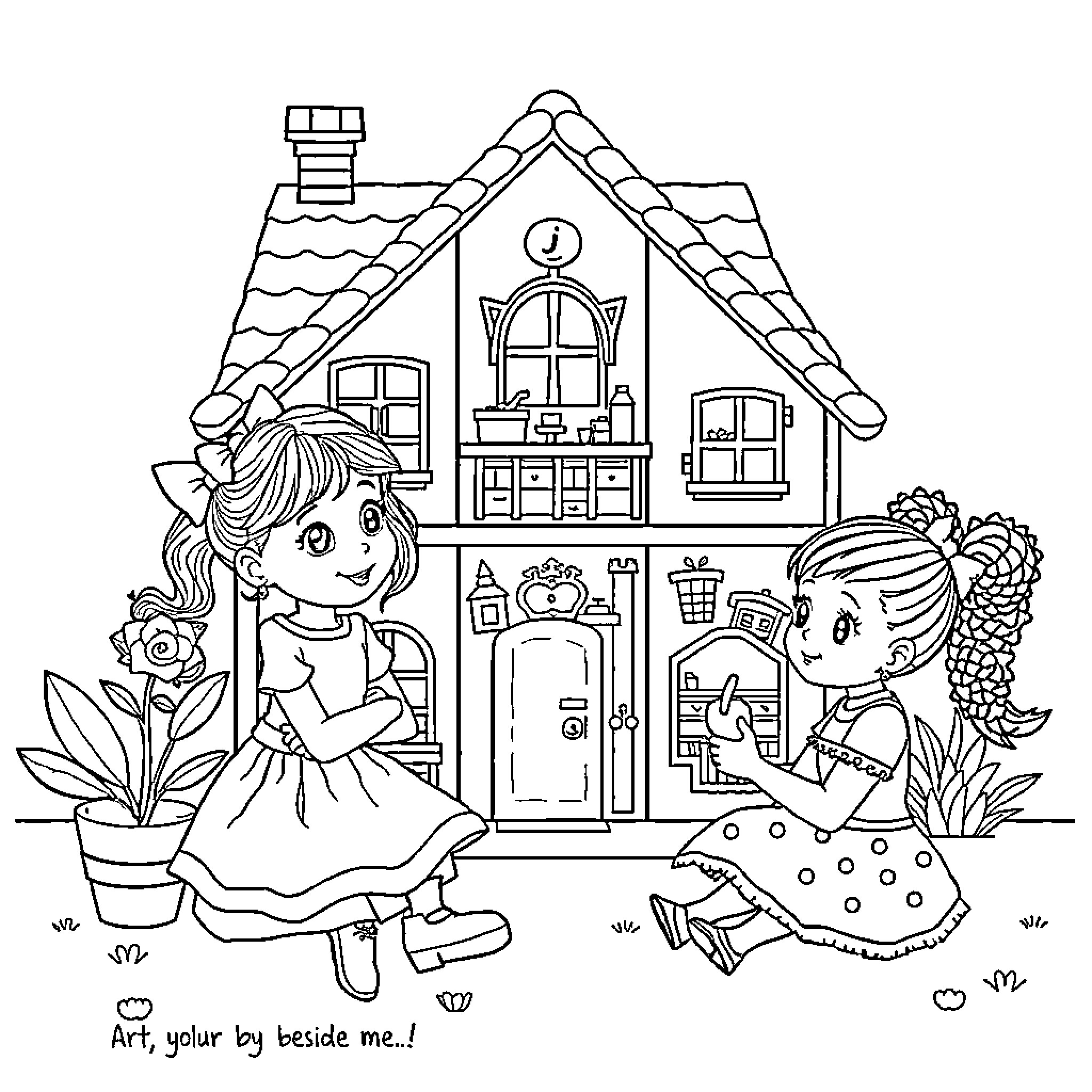 Dollhouse with playful girls and pet dog Coloring Page (free black-and-white line drawing printable PDF for all, from beginners to advanced learners, including children, teens, adults, and seniors)