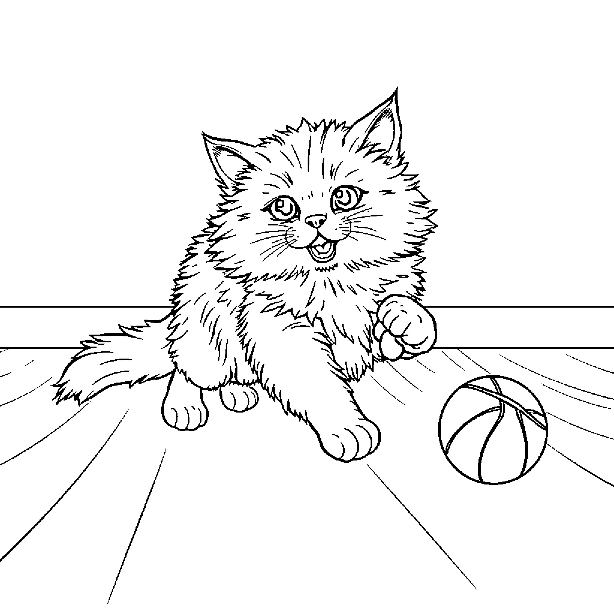 Cat playing with ball on striped floor Coloring Page (free black-and-white line drawing printable PDF for all, from beginners to advanced learners, including children, teens, adults, and seniors)