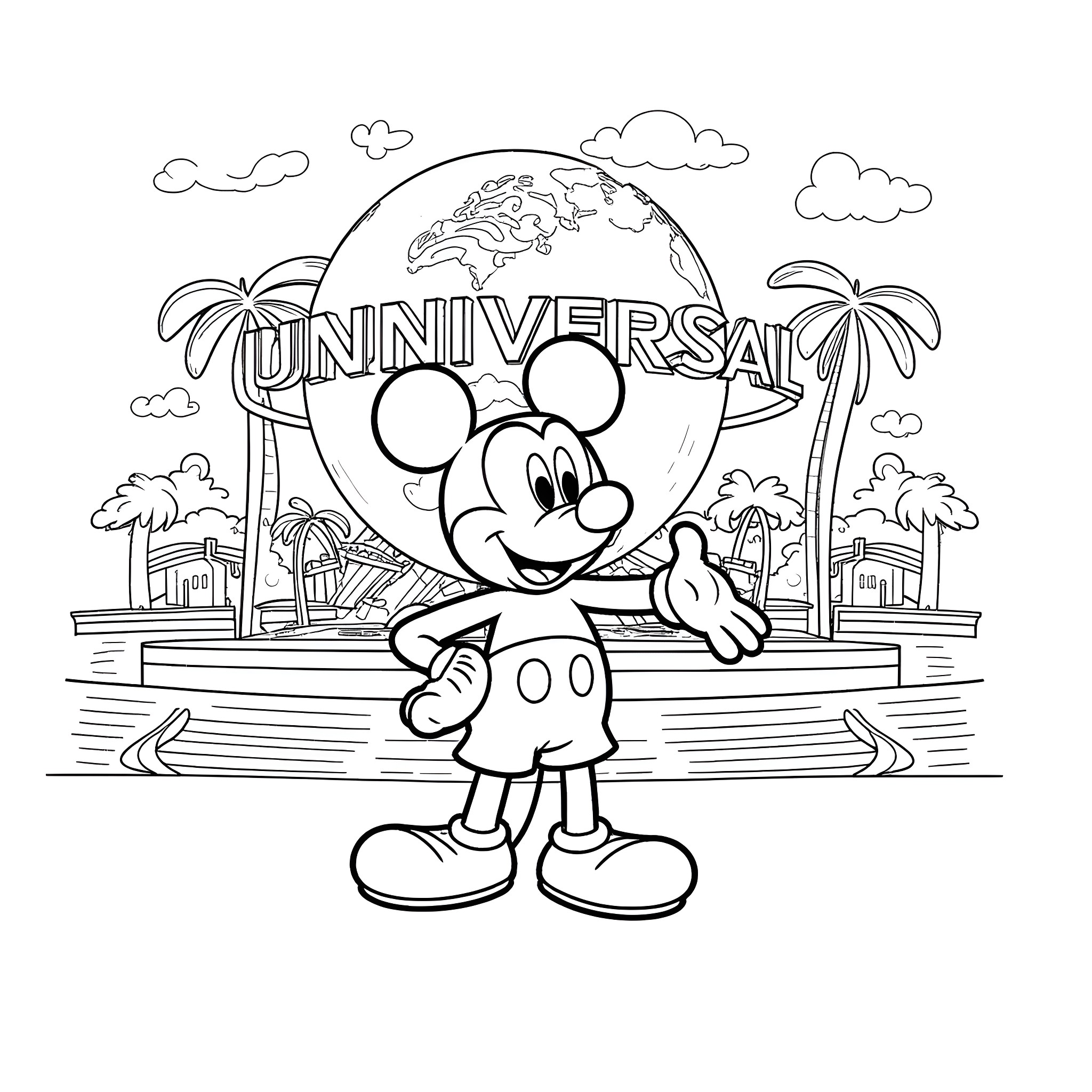 Mickey Mouse exploring the Universal Studios theme park Coloring Page (free black-and-white line drawing printable PDF for all, from beginners to advanced learners, including children, teens, adults, and seniors)