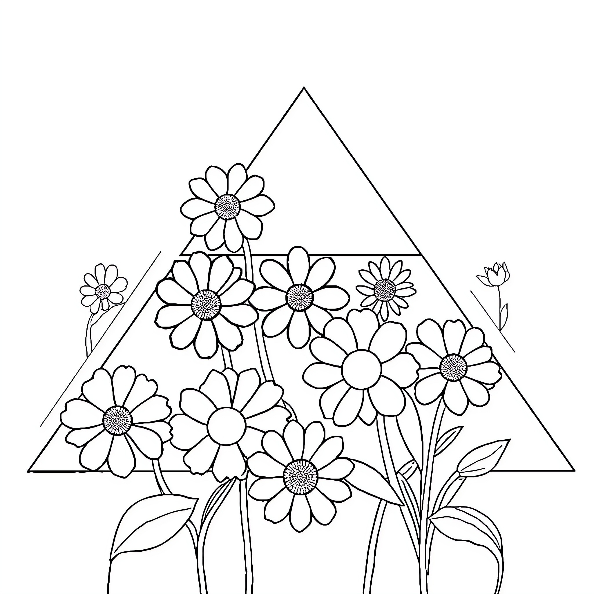 Flower garden within a geometric frame Coloring Page (free black-and-white line drawing printable PDF for all, from beginners to advanced learners, including children, teens, adults, and seniors)