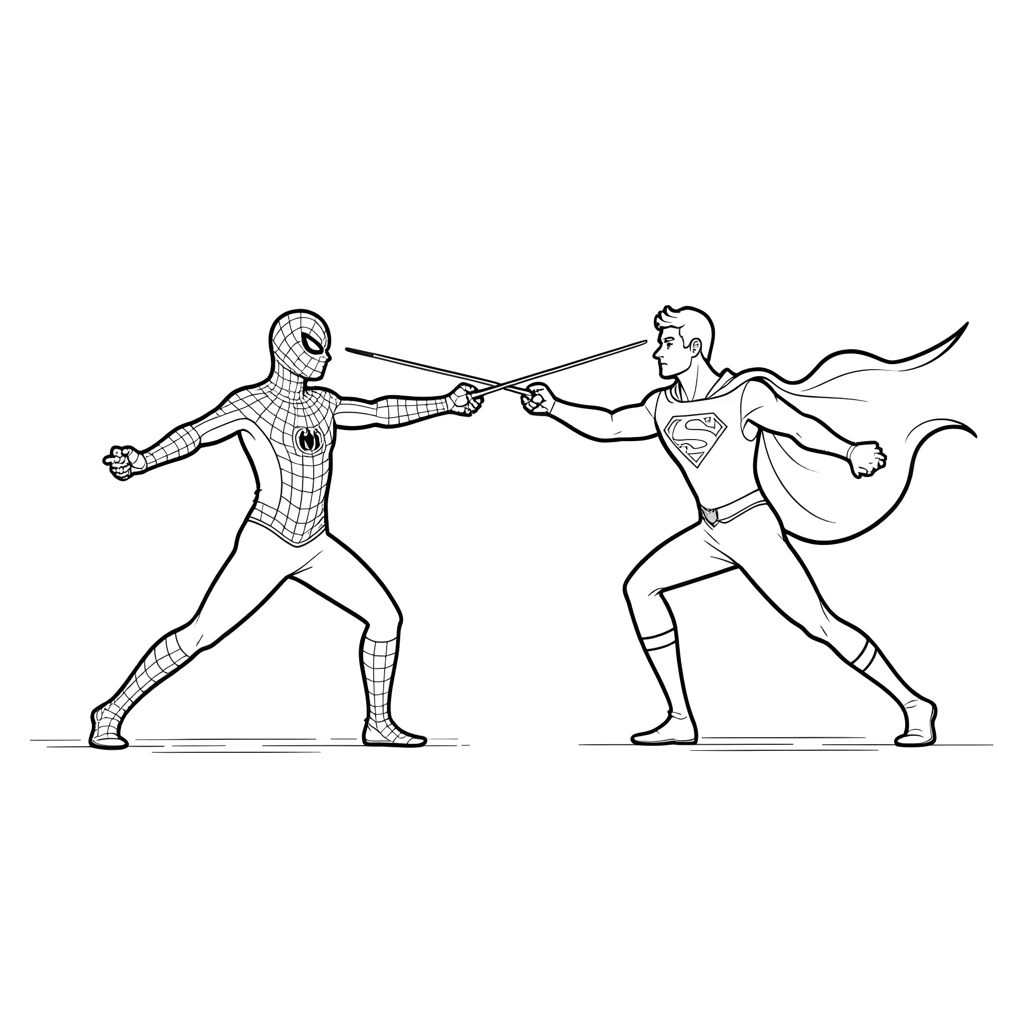 Spiderman and Superman battling in action Coloring Page (free black-and-white line drawing printable PDF for all, from beginners to advanced learners, including children, teens, adults, and seniors)