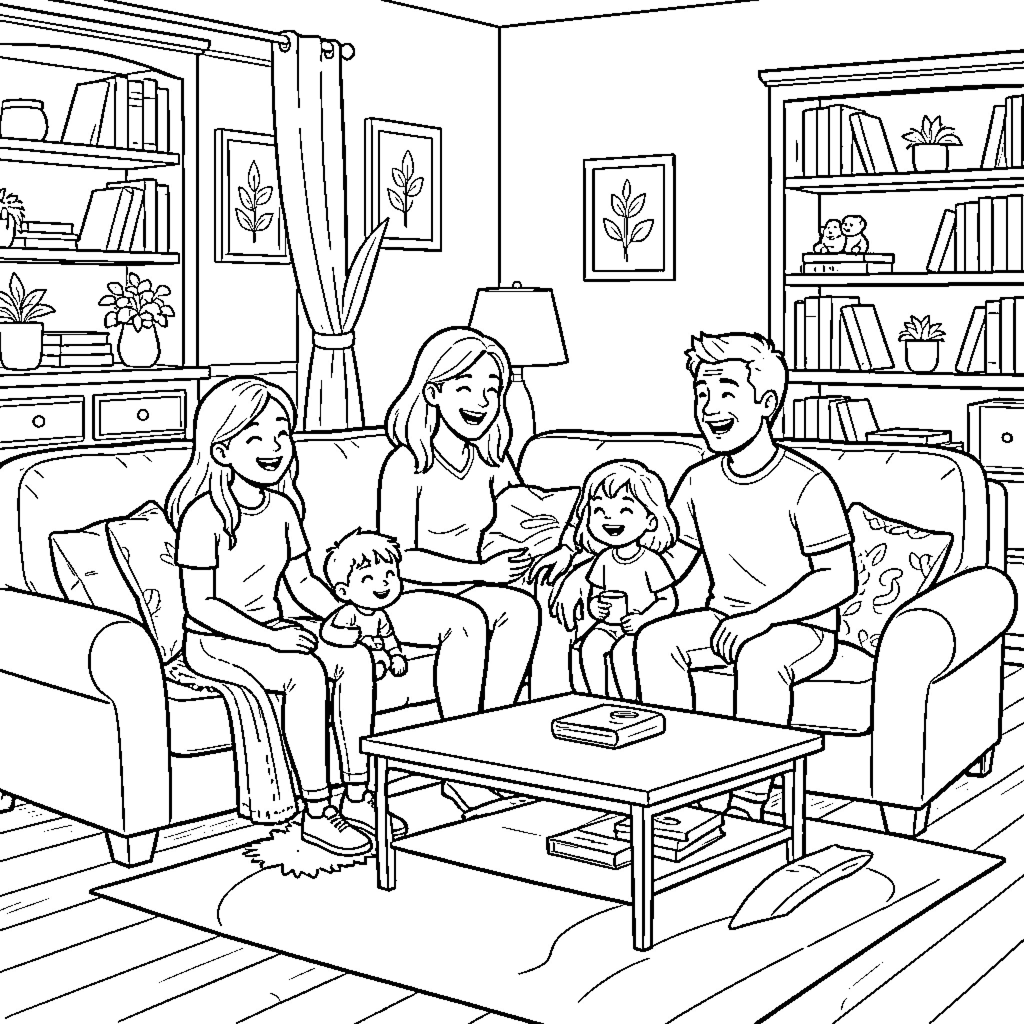 Family sitting together and laughing on a sofa Coloring Page (free black-and-white line drawing printable PDF for all, from beginners to advanced learners, including children, teens, adults, and seniors)