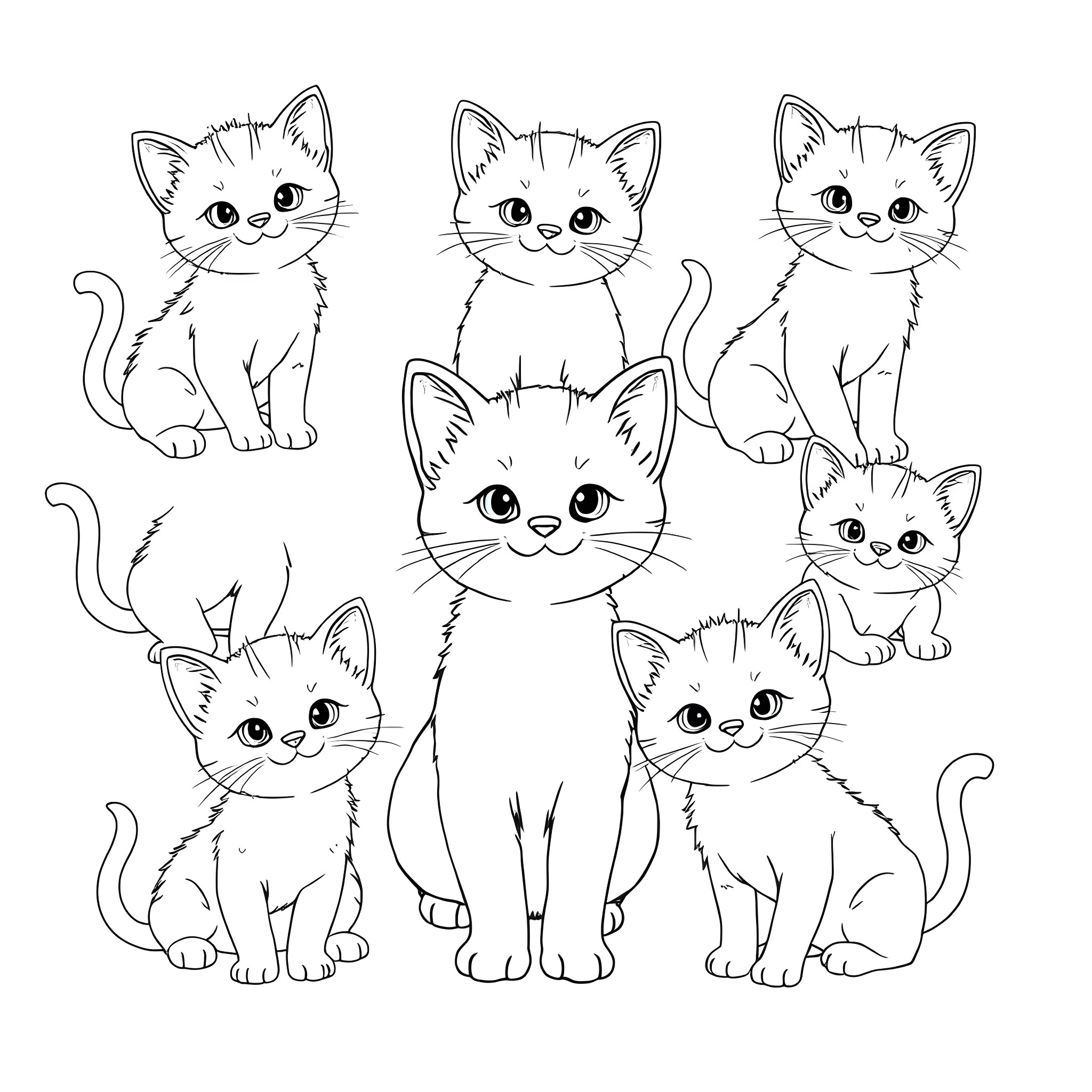 Cute kittens playing together Coloring Page (free black-and-white line drawing printable PDF for all, from beginners to advanced learners, including children, teens, adults, and seniors)