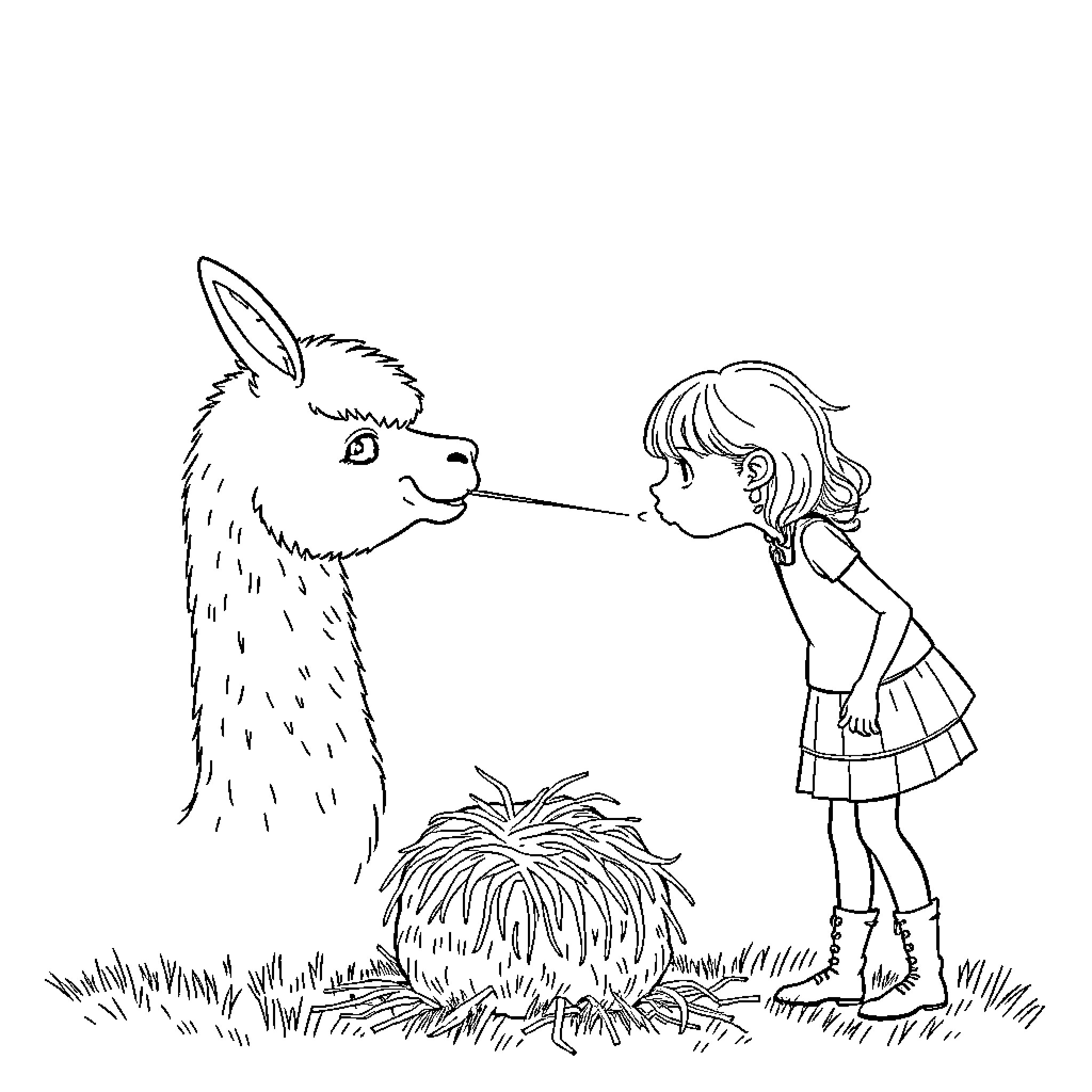 Alpaca and Girl Sharing a Moment Coloring Page (free black-and-white line drawing printable PDF for all, from beginners to advanced learners, including children, teens, adults, and seniors)