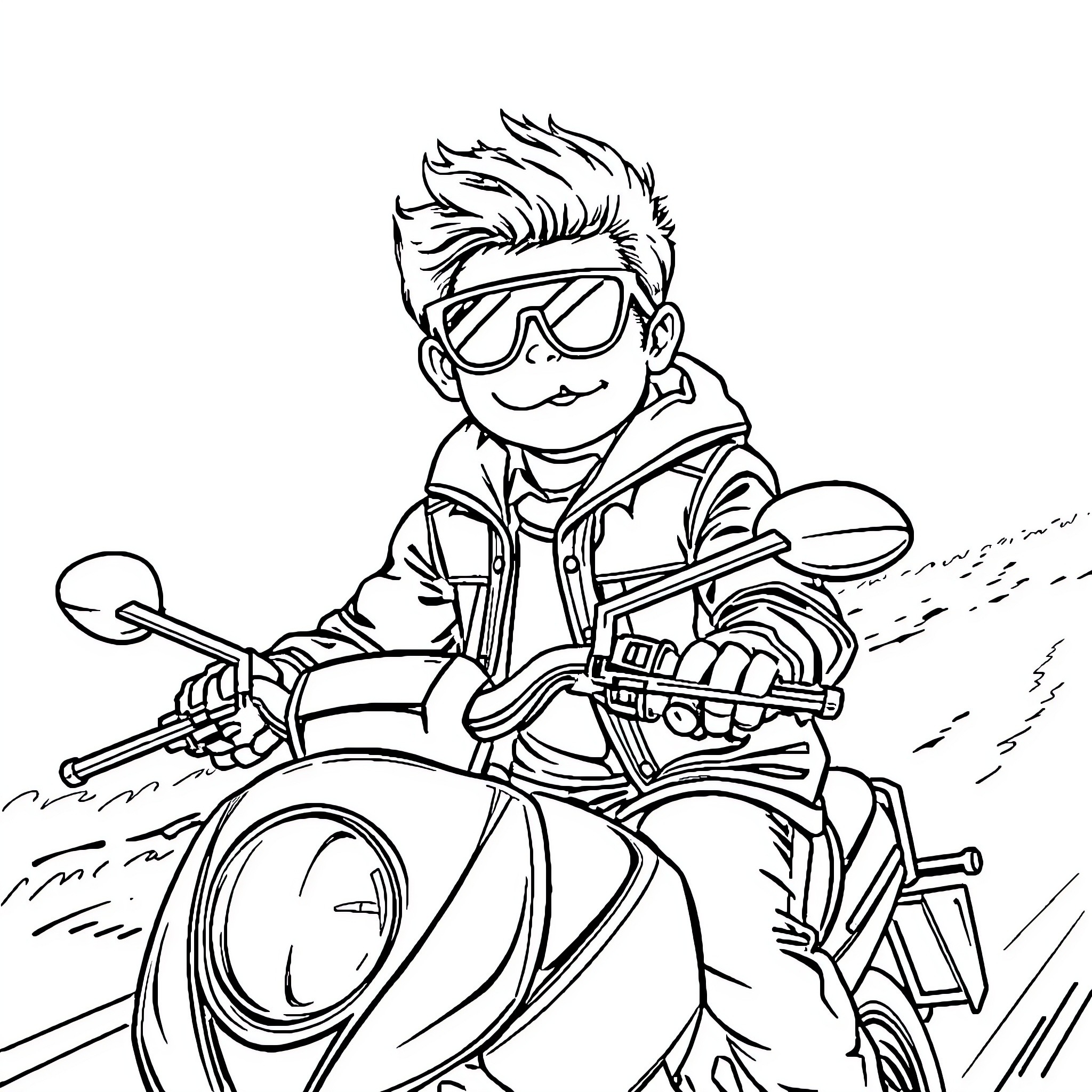 Bouledogue Français riding motorcycle at high speed Coloring Page (free black-and-white line drawing printable PDF for all, from beginners to advanced learners, including children, teens, adults, and seniors)