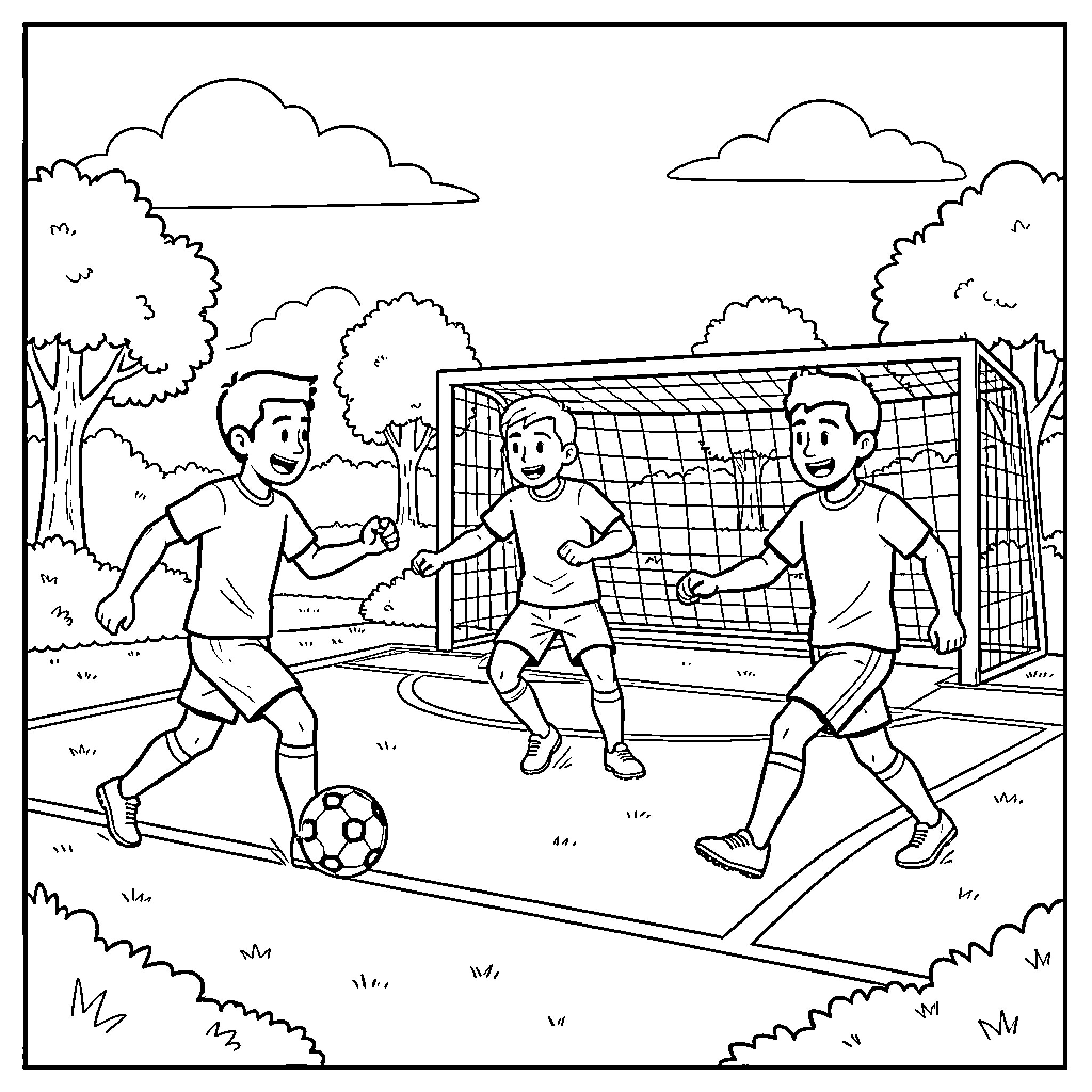 Futbol players competing in outdoor match Coloring Page (free black-and-white line drawing printable PDF for all, from beginners to advanced learners, including children, teens, adults, and seniors)