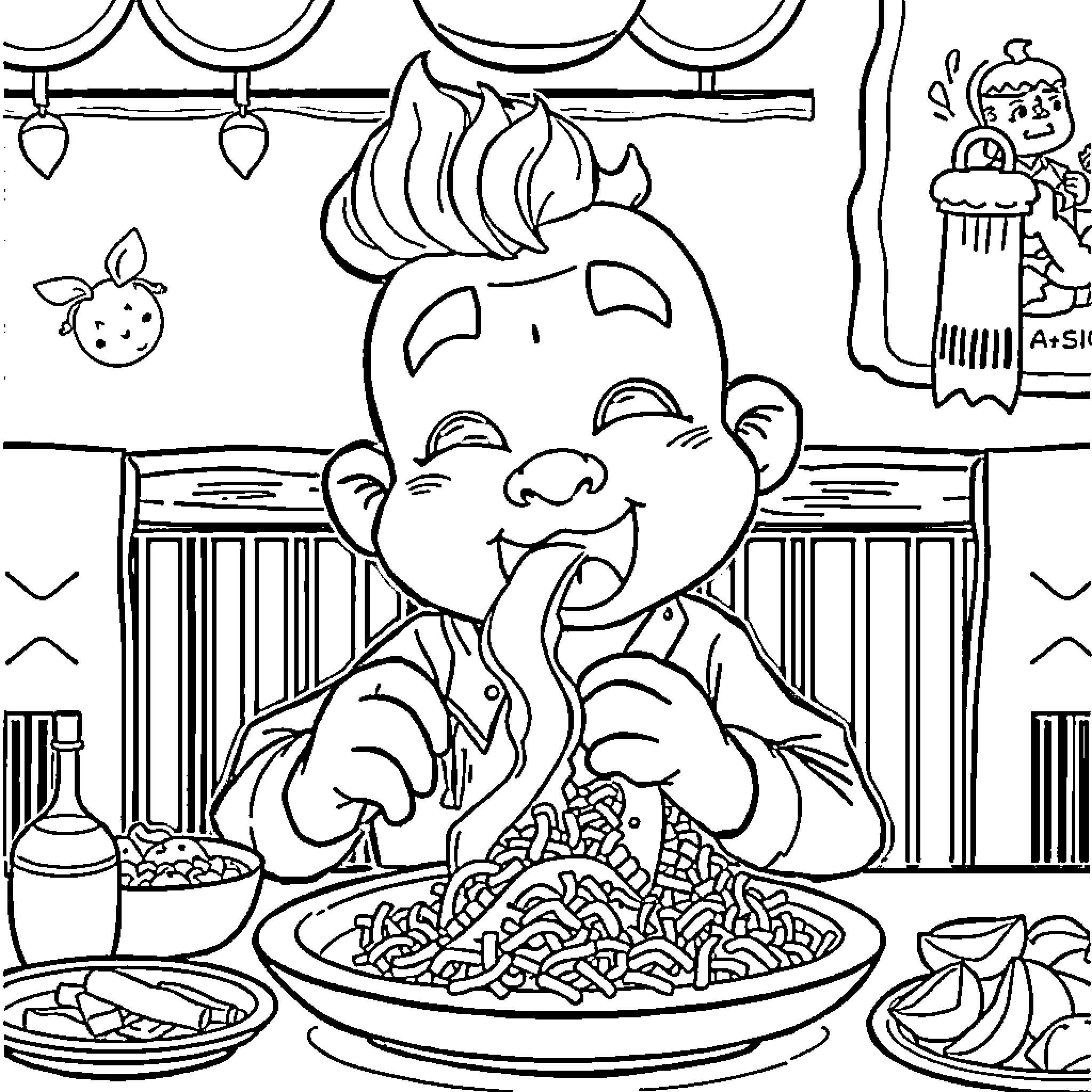 Taco Time: Boy Enthusiastically Enjoys His Meal Coloring Page (free black-and-white line drawing printable PDF for all, from beginners to advanced learners, including children, teens, adults, and seniors)