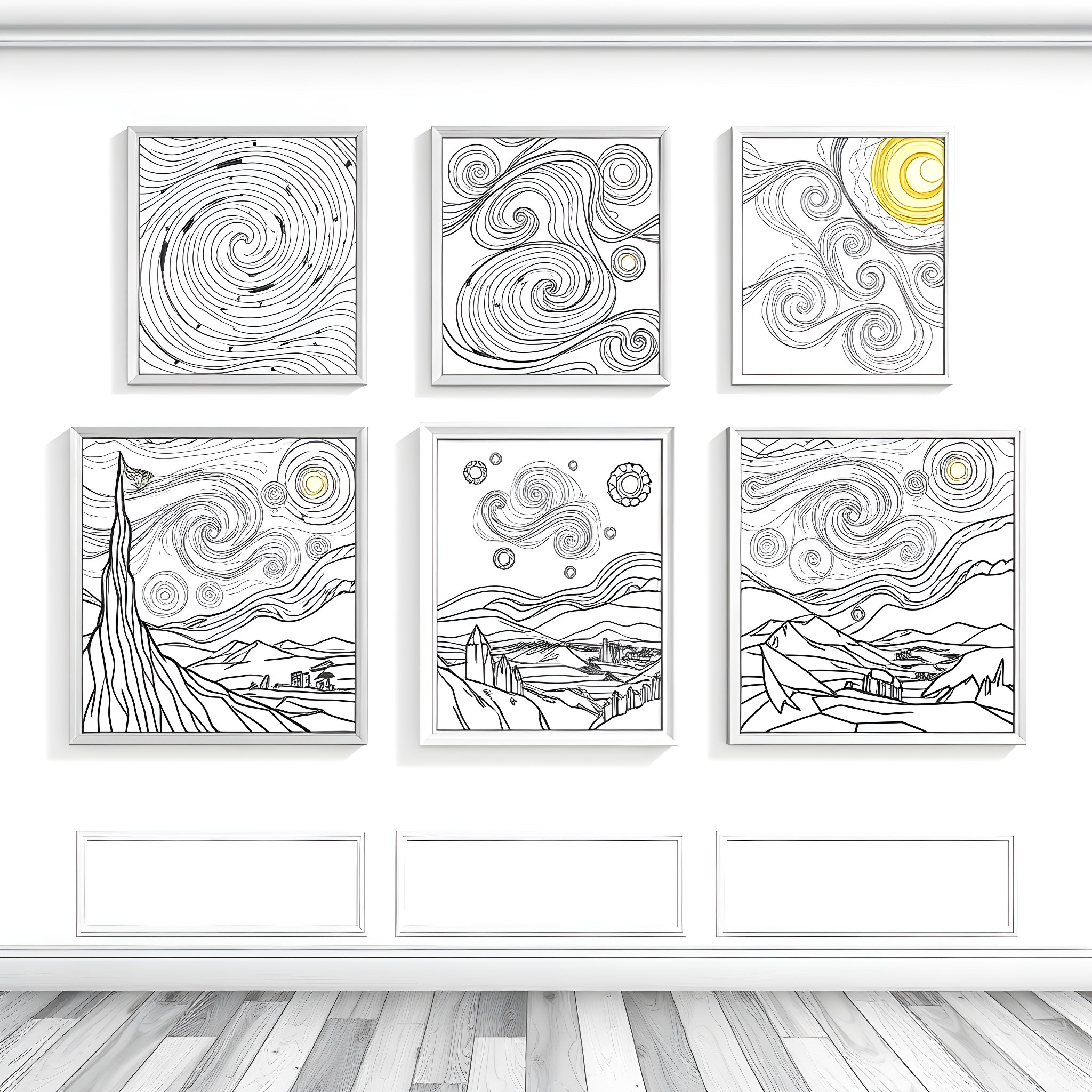 Artwork featuring abstract and landscape designs Coloring Page (free black-and-white line drawing printable PDF for all, from beginners to advanced learners, including children, teens, adults, and seniors)