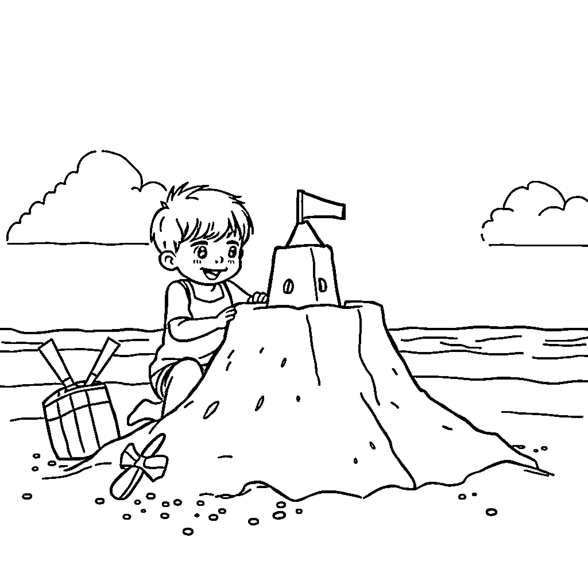 Kid building sandcastle on the beach Coloring Page (free black-and-white line drawing printable PDF for all, from beginners to advanced learners, including children, teens, adults, and seniors)