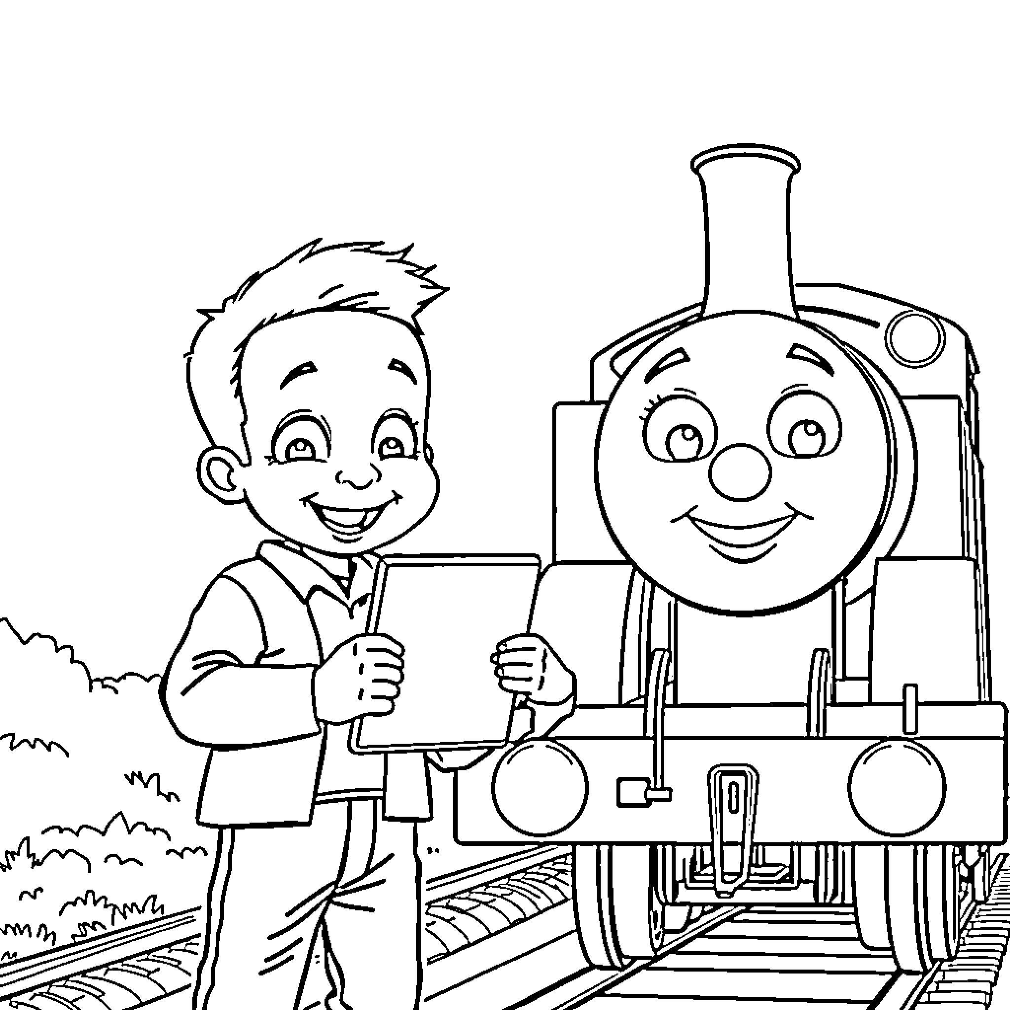 Boy playing with toy train on railroad tracks Coloring Page (free black-and-white line drawing printable PDF for all, from beginners to advanced learners, including children, teens, adults, and seniors)