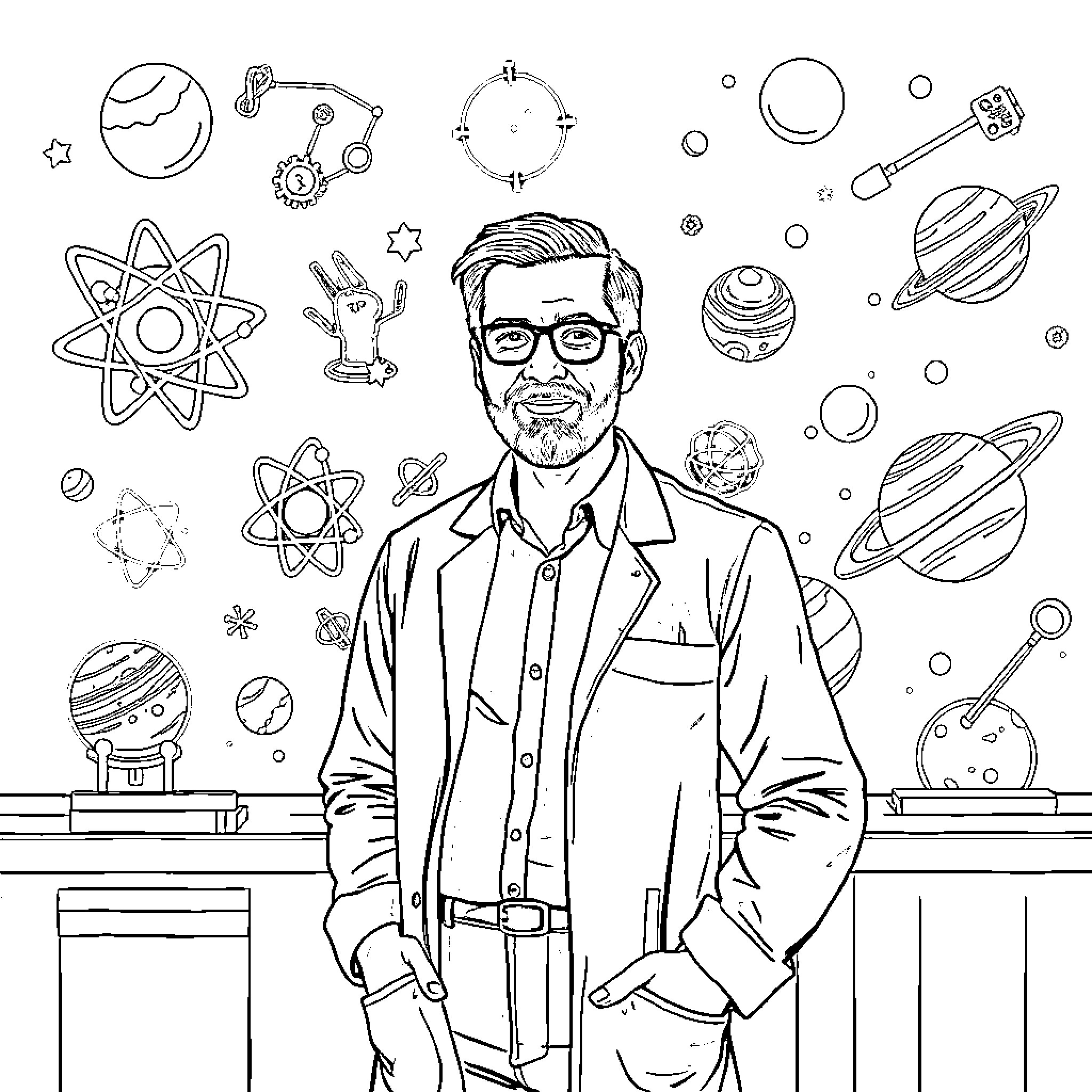 Science Teacher's Cosmic Classroom Adventure Coloring Page (free black-and-white line drawing printable PDF for all, from beginners to advanced learners, including children, teens, adults, and seniors)