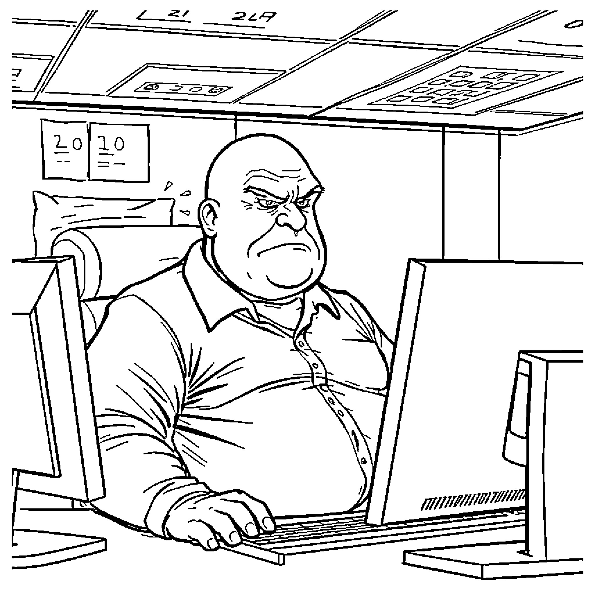 IT Guy frustrated at work with computer issues Coloring Page (free black-and-white line drawing printable PDF for all, from beginners to advanced learners, including children, teens, adults, and seniors)